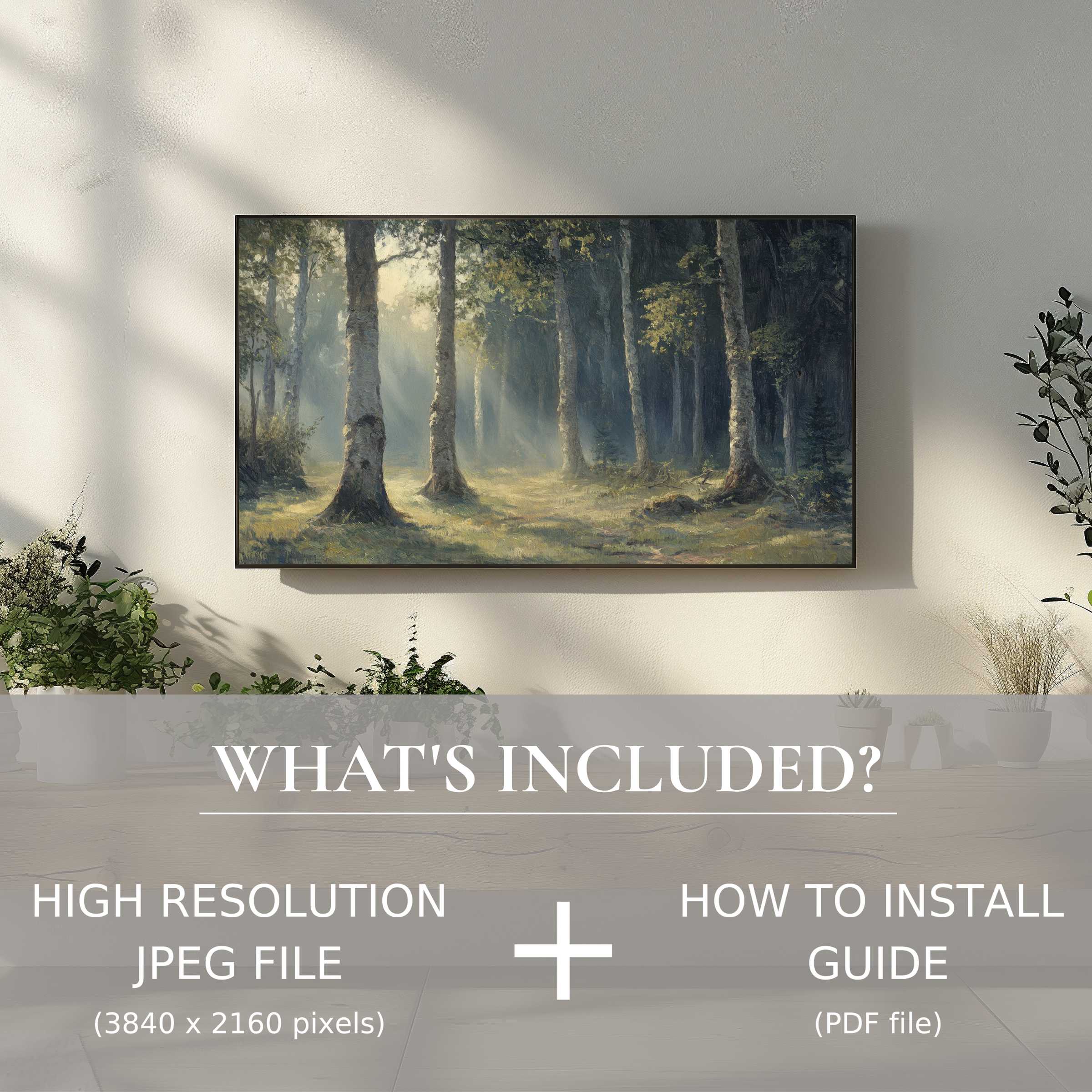 Elegant vintage digital TV art download, easy to use, elevates any living space with serene forest beauty