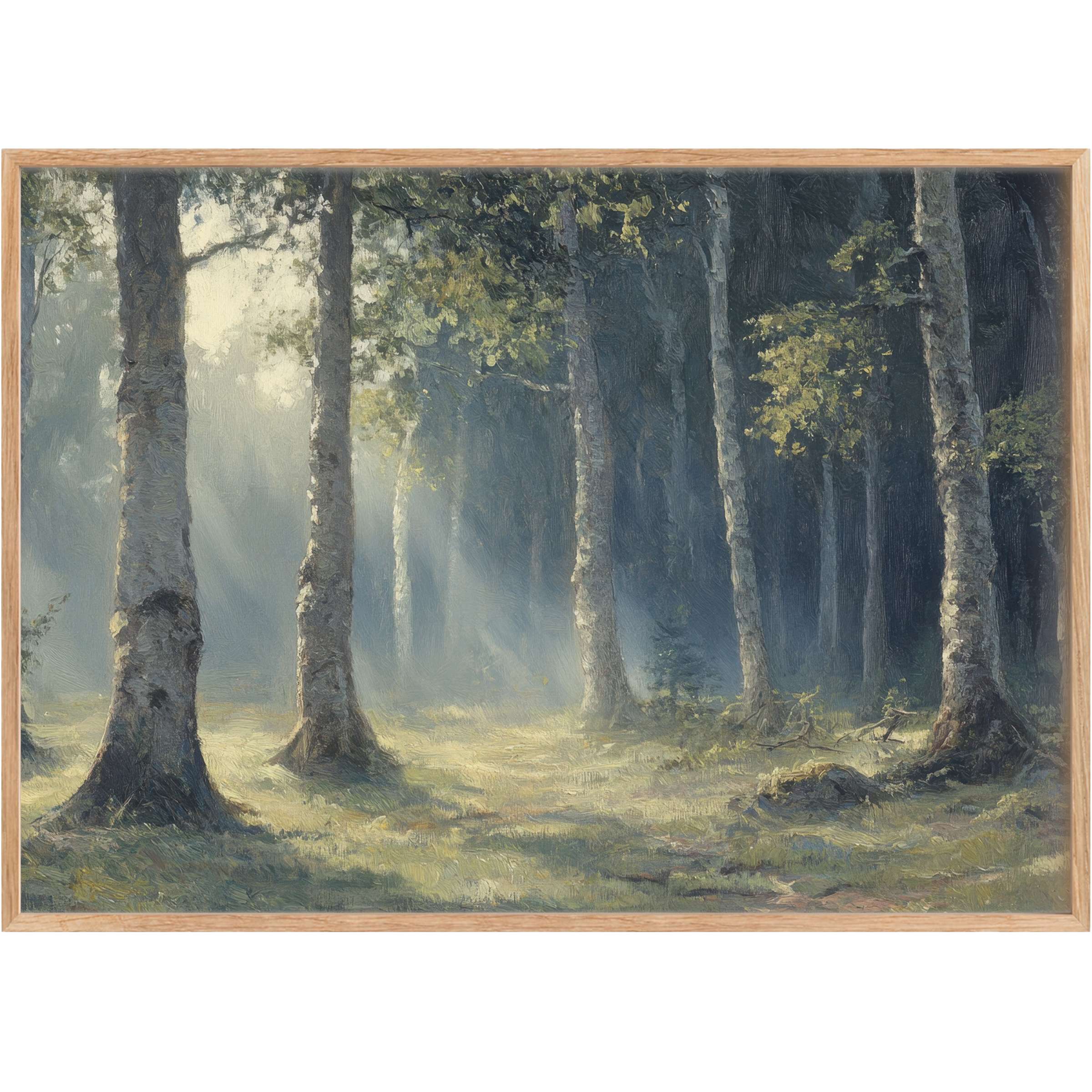 Vintage printable wall art captures a tranquil forest bathed in soft dawn light, evoking serene greens and muted grays for a calming, refined ambiance