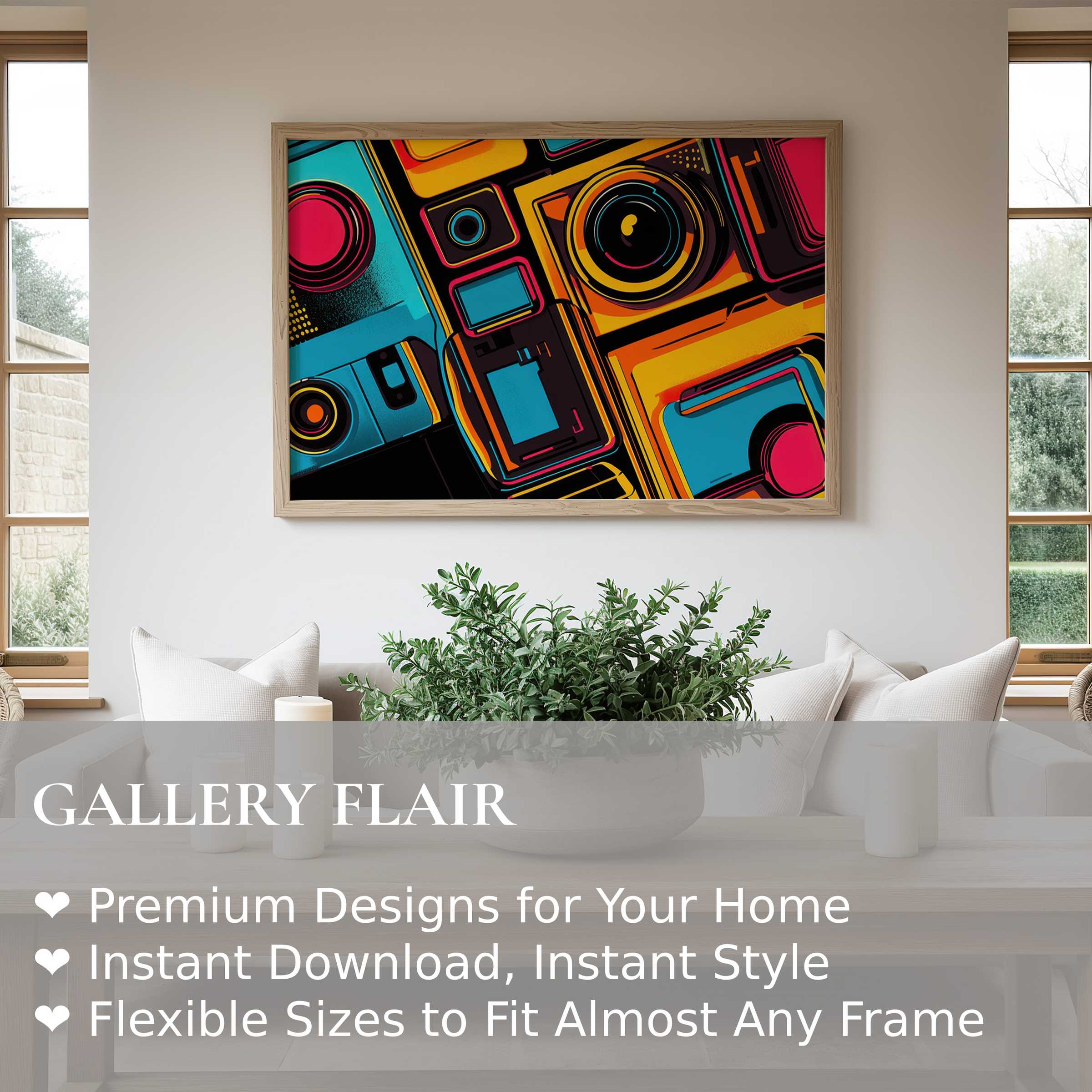 Bold pop art wall art print featuring vibrant retro cameras, energizing this sleek, modern living room with dynamic color and vintage flair