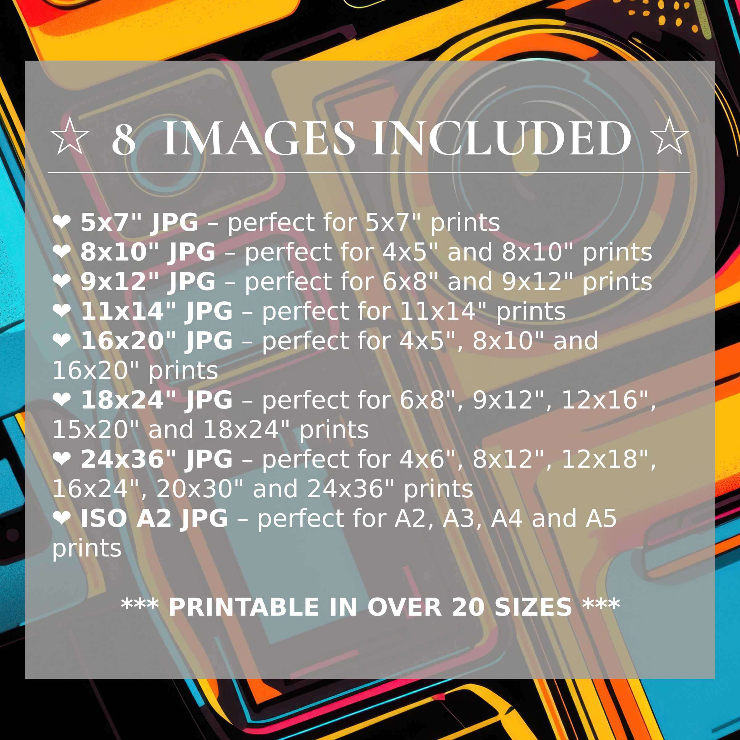 Radiant pop art digital print in bold yellows, blues, and blacks elevating modern interiors with style; includes 8 high-quality sizes