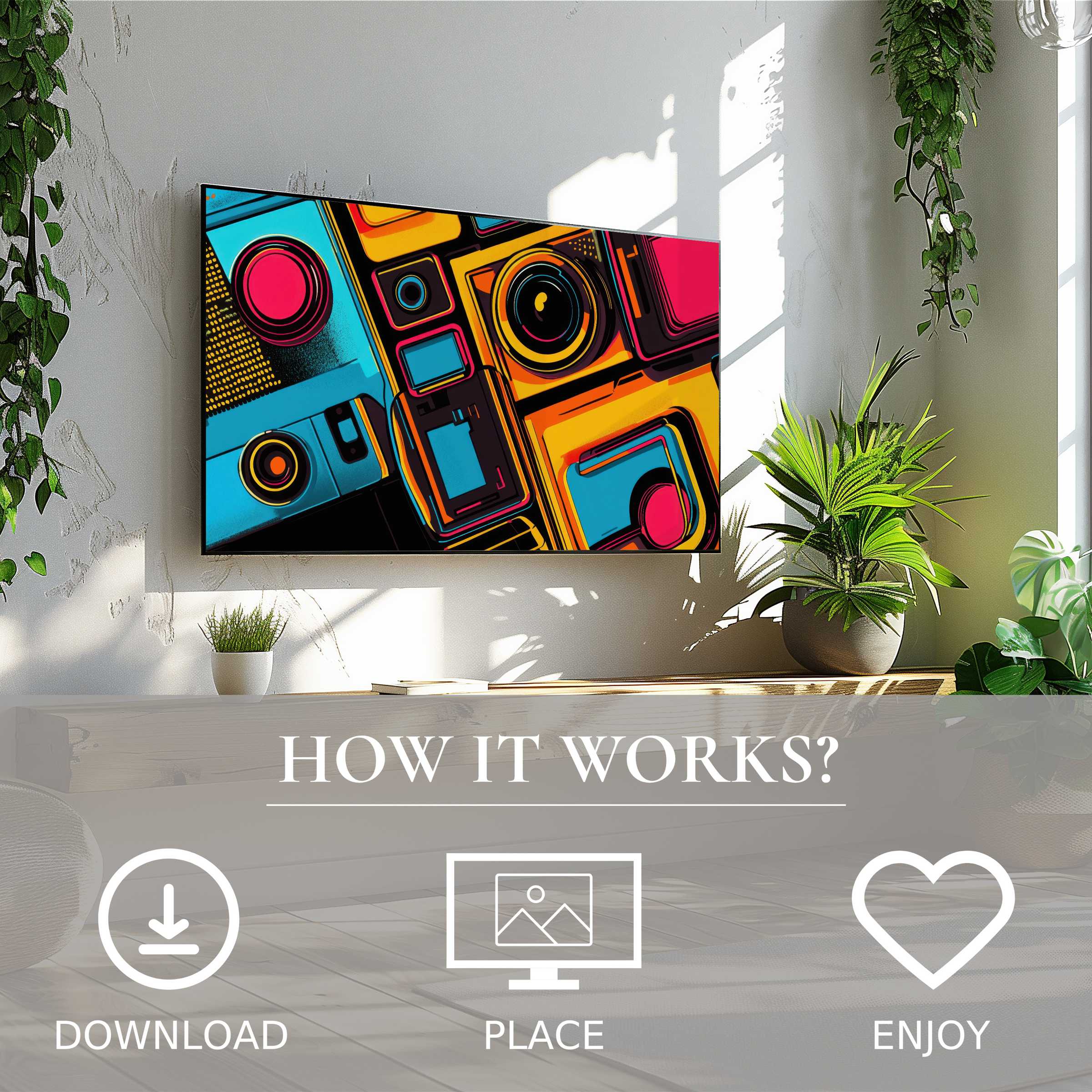 Pop art art for Samsung TV in bright color flow, easy digital download enriches modern living spaces