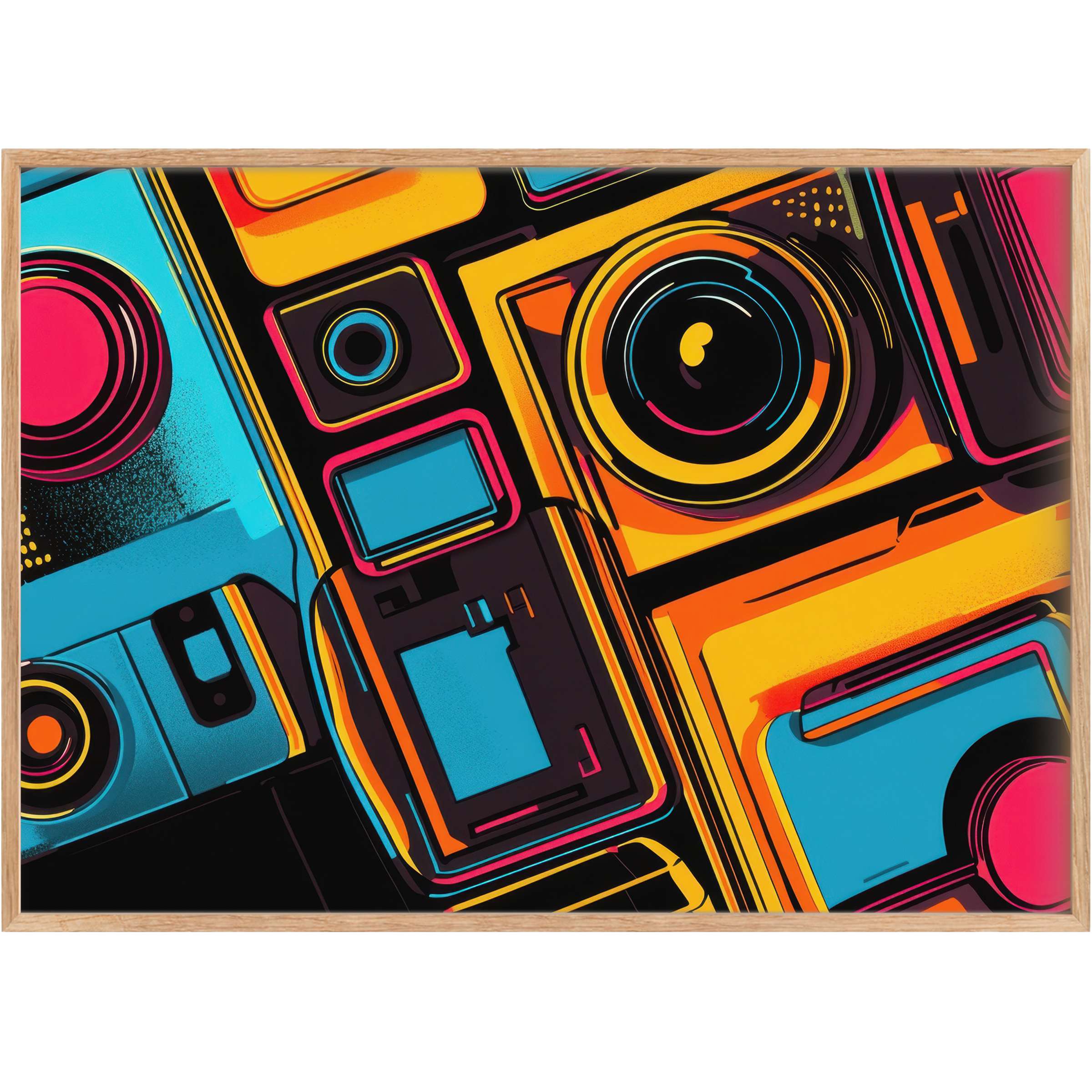 Bold pop art printable wall art featuring vibrant blues, yellows, and pinks, creating an energetic, retro-chic ambiance