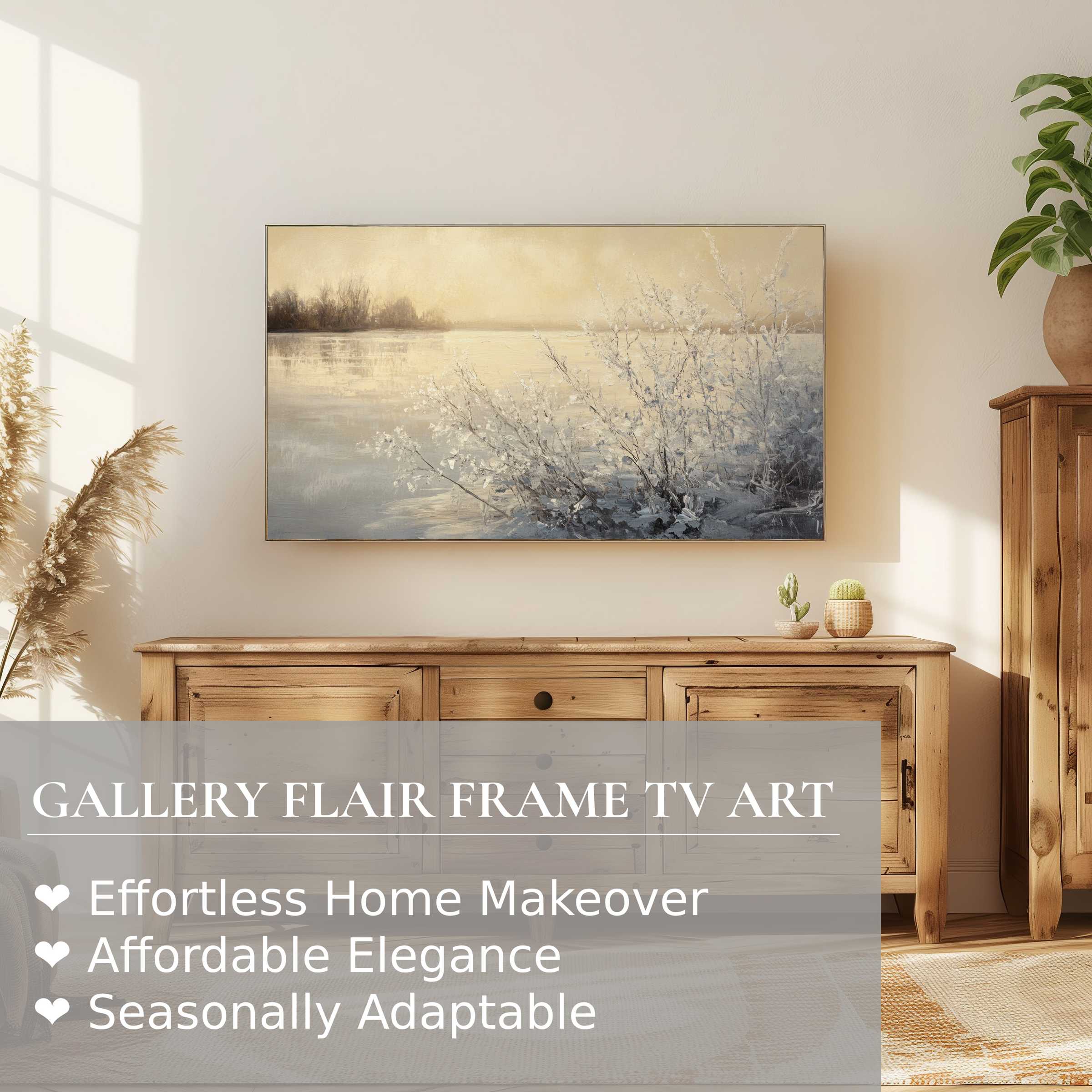Samsung Frame TV displays serene winter digital artwork, blending modern elegance with nature-inspired home decor