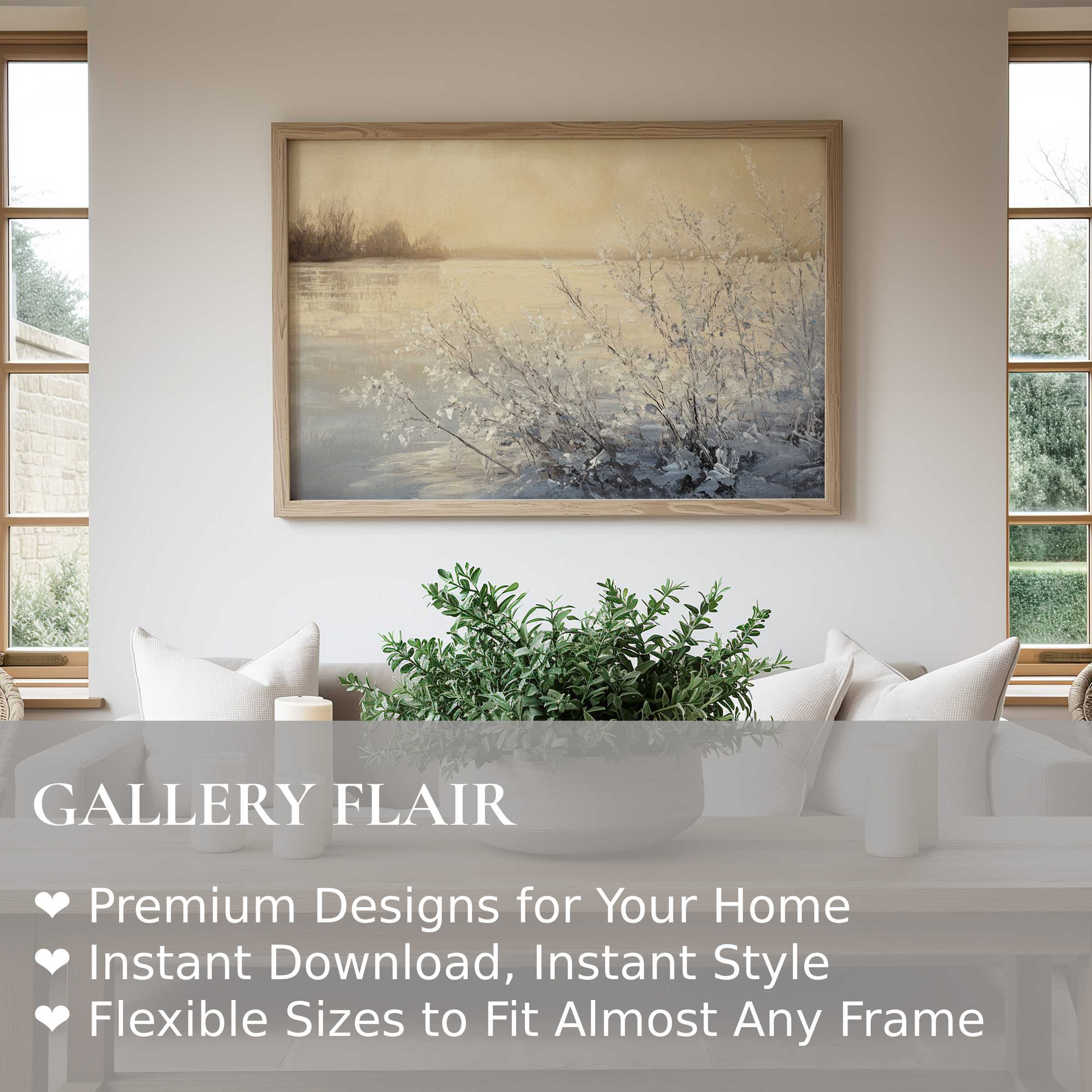 Serene winter wall art print with soft, muted tones enhances a modern, minimalist living room with calming natural elegance