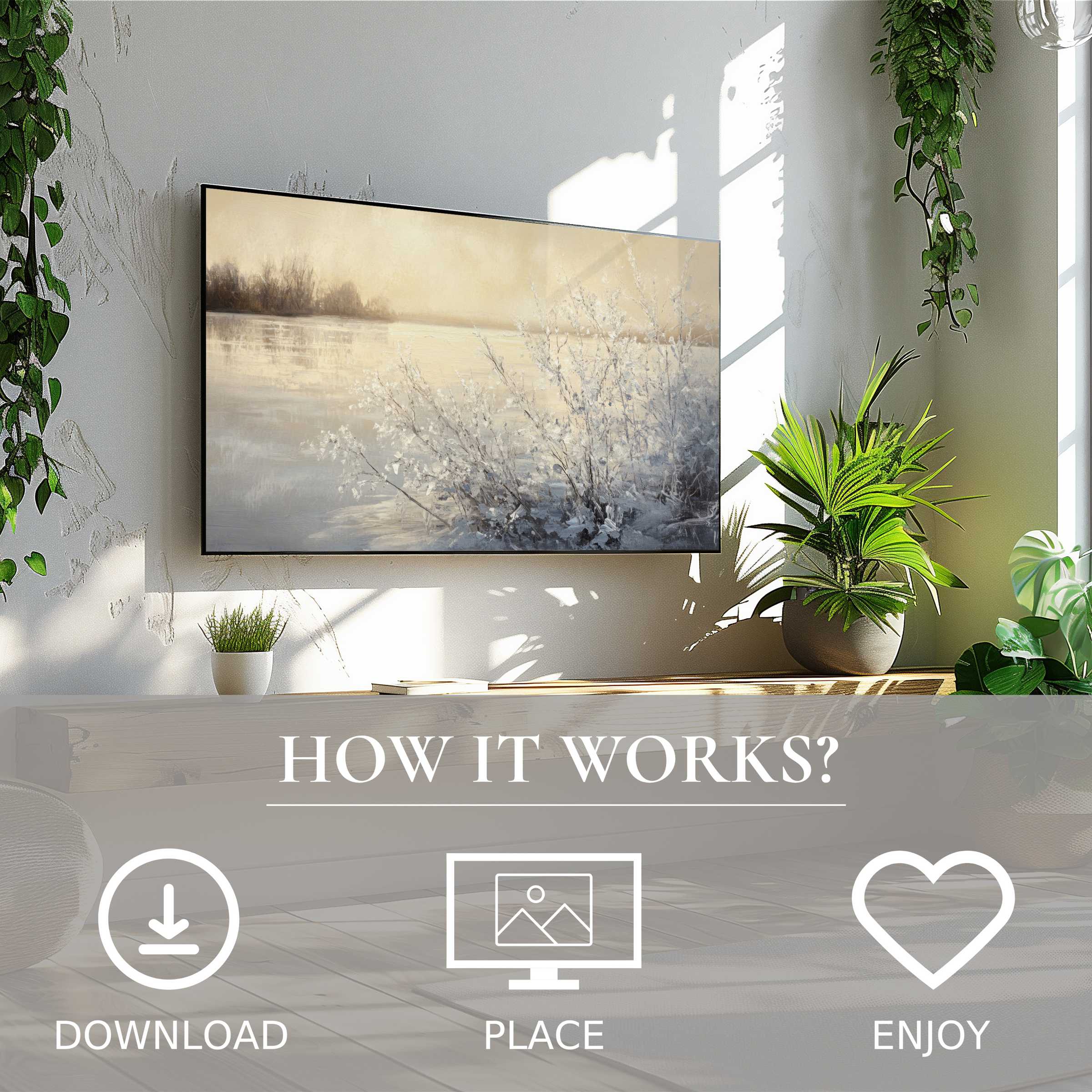 Winter art for Samsung TV shows serene soft beige tones; easy digital download enriches modern living spaces