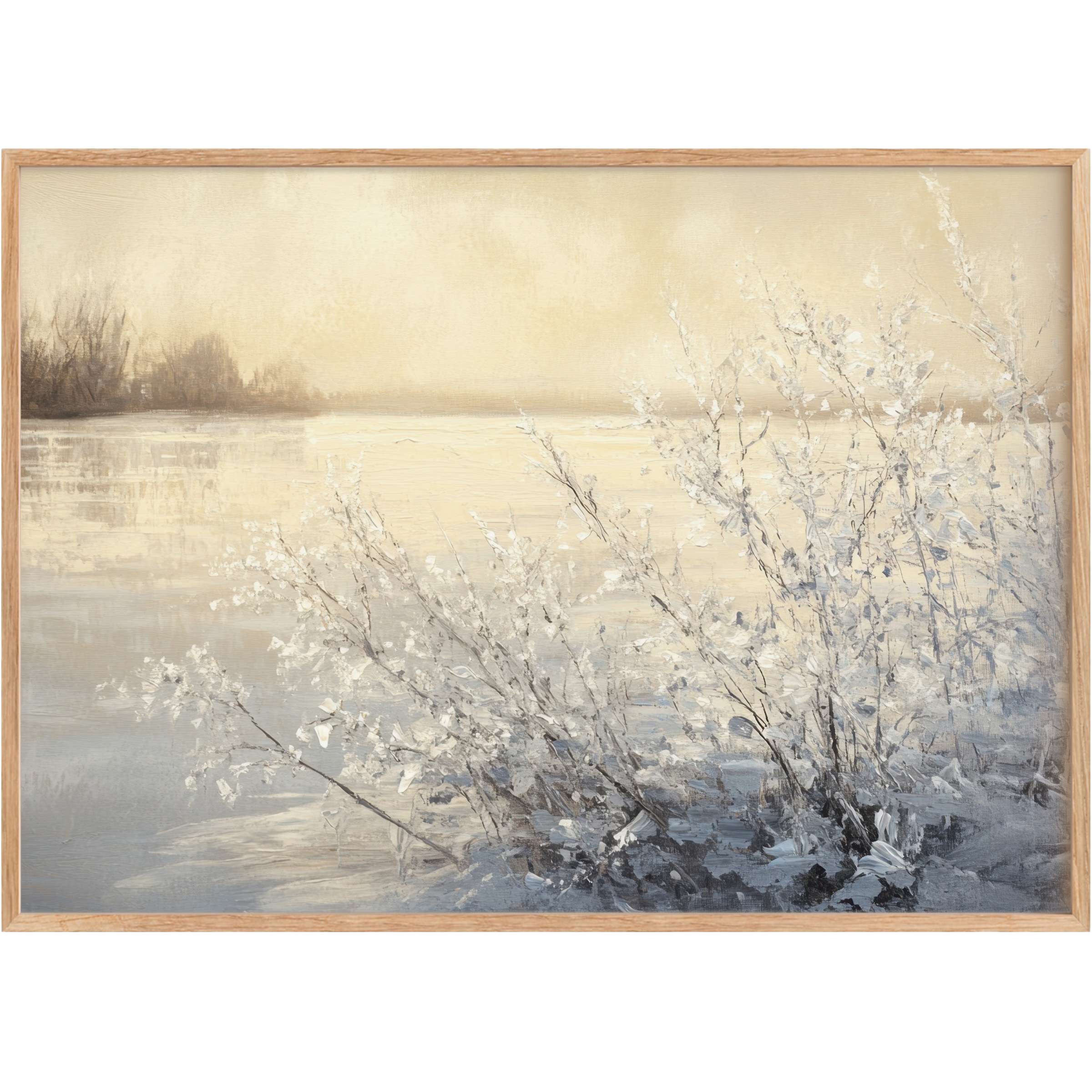 Winter printable wall art evoking serene tranquility with soft creams and icy blues, enhancing elegant, calming spaces