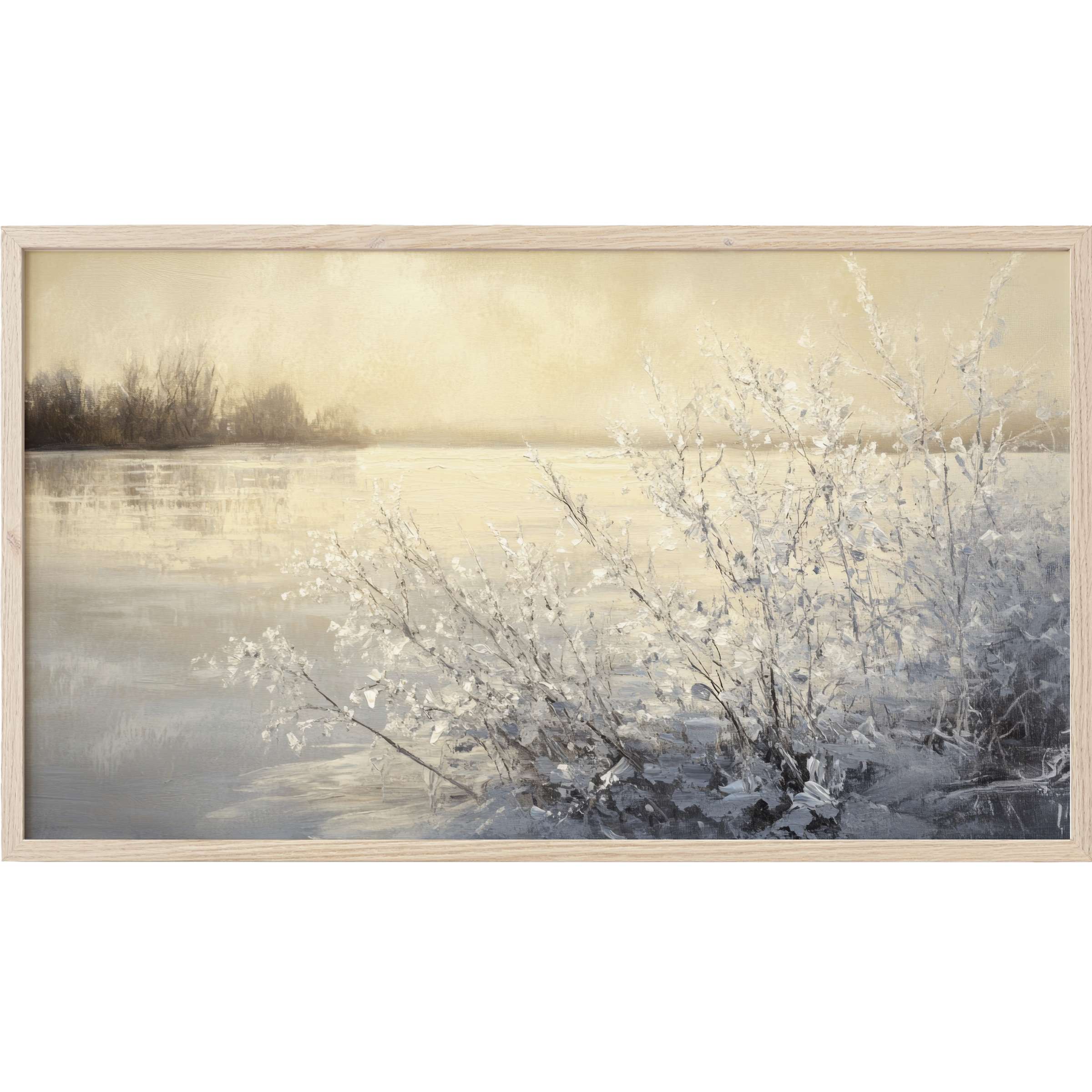 Winter Frame TV Art depicts a serene, muted riverside scene with soft grays, whites, and warm beige tones