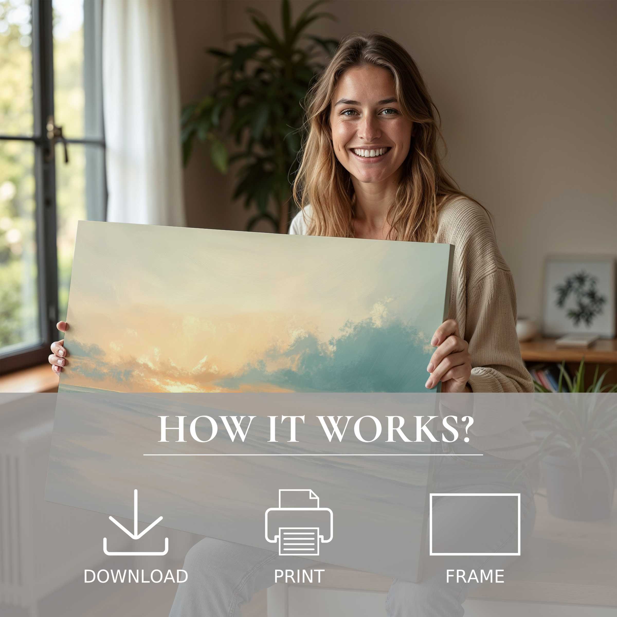 Radiant summer digital art print evokes peaceful joy in a modern home, celebrating effortless elegance and soulful connection with art