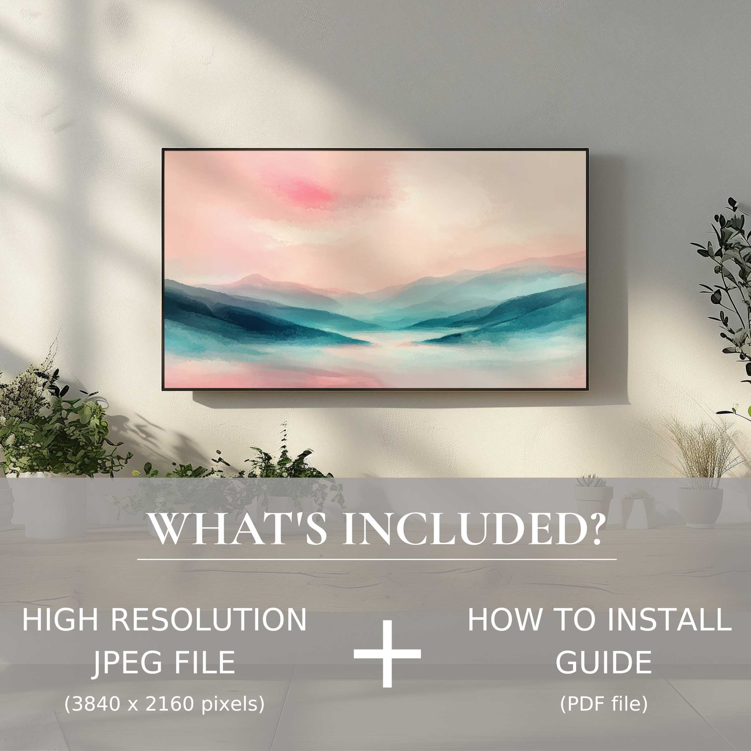 Elegant modern digital TV art download showcasing serene pastel landscapes, enhancing spaces with easy, stylish digital decor