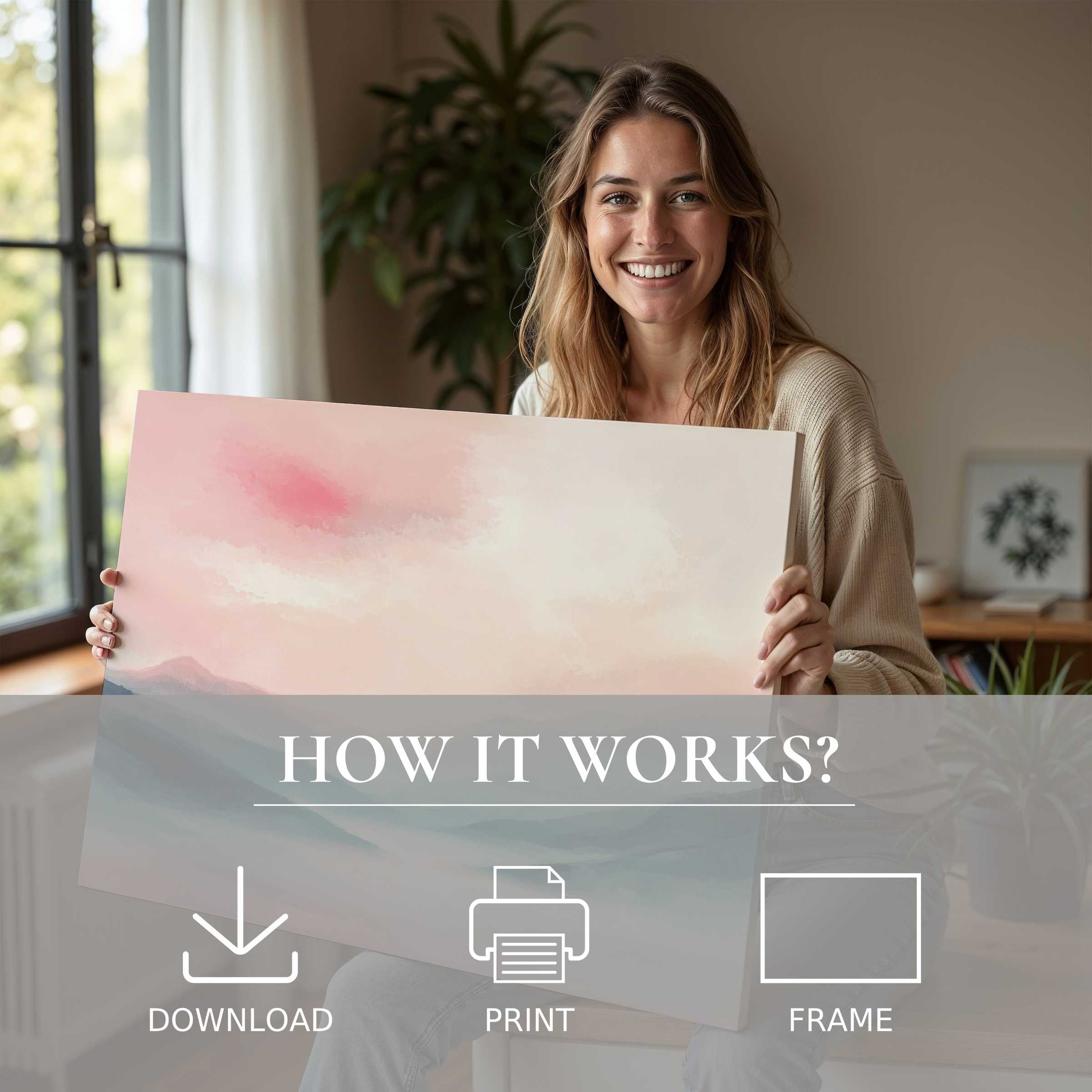 Radiating joy and calm, this modern digital art print graces a stylish home with soft pastels, inspiring effortless elegance