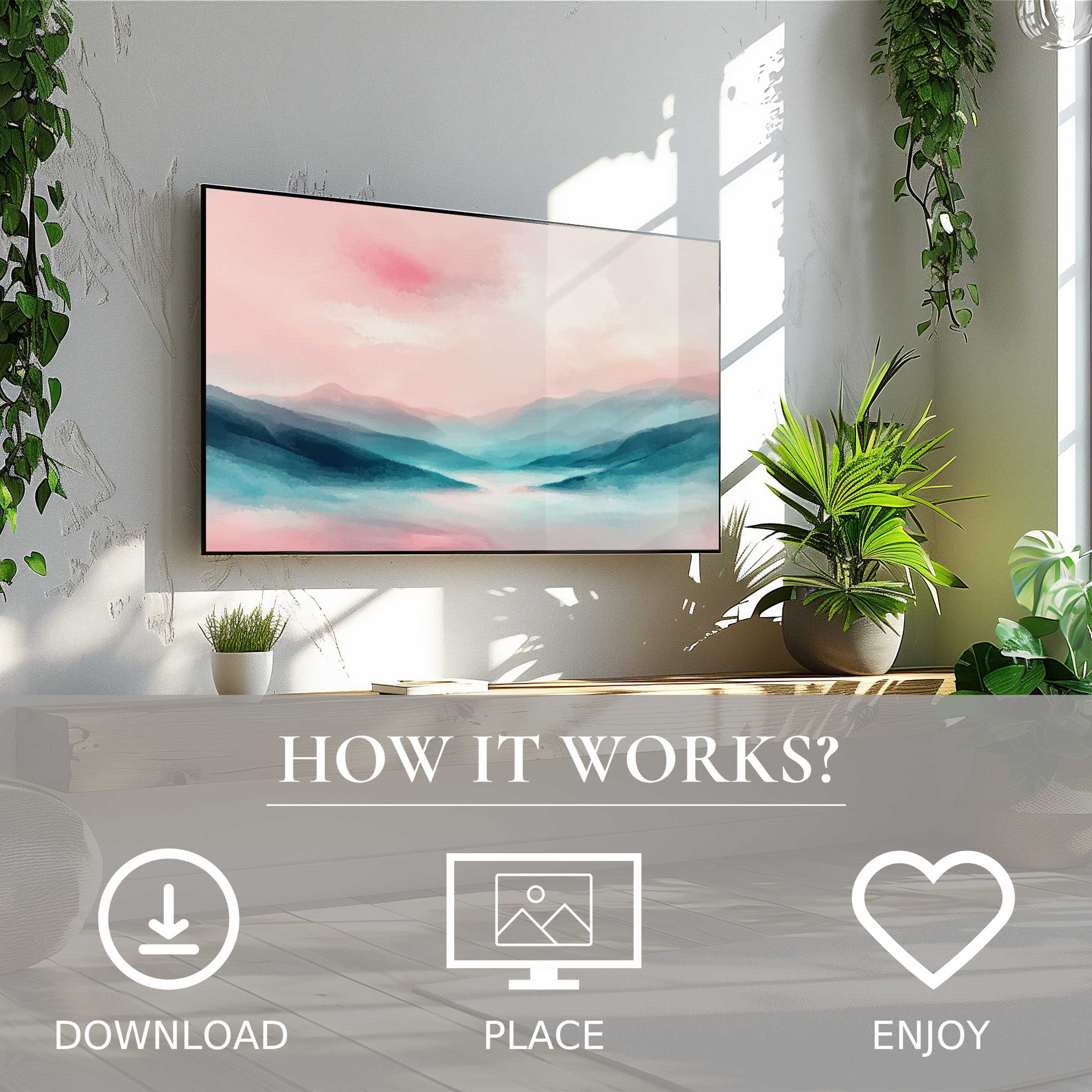 Modern art for Samsung TV: soft sunset tones enhance decor with easy digital download, enriching any modern living space