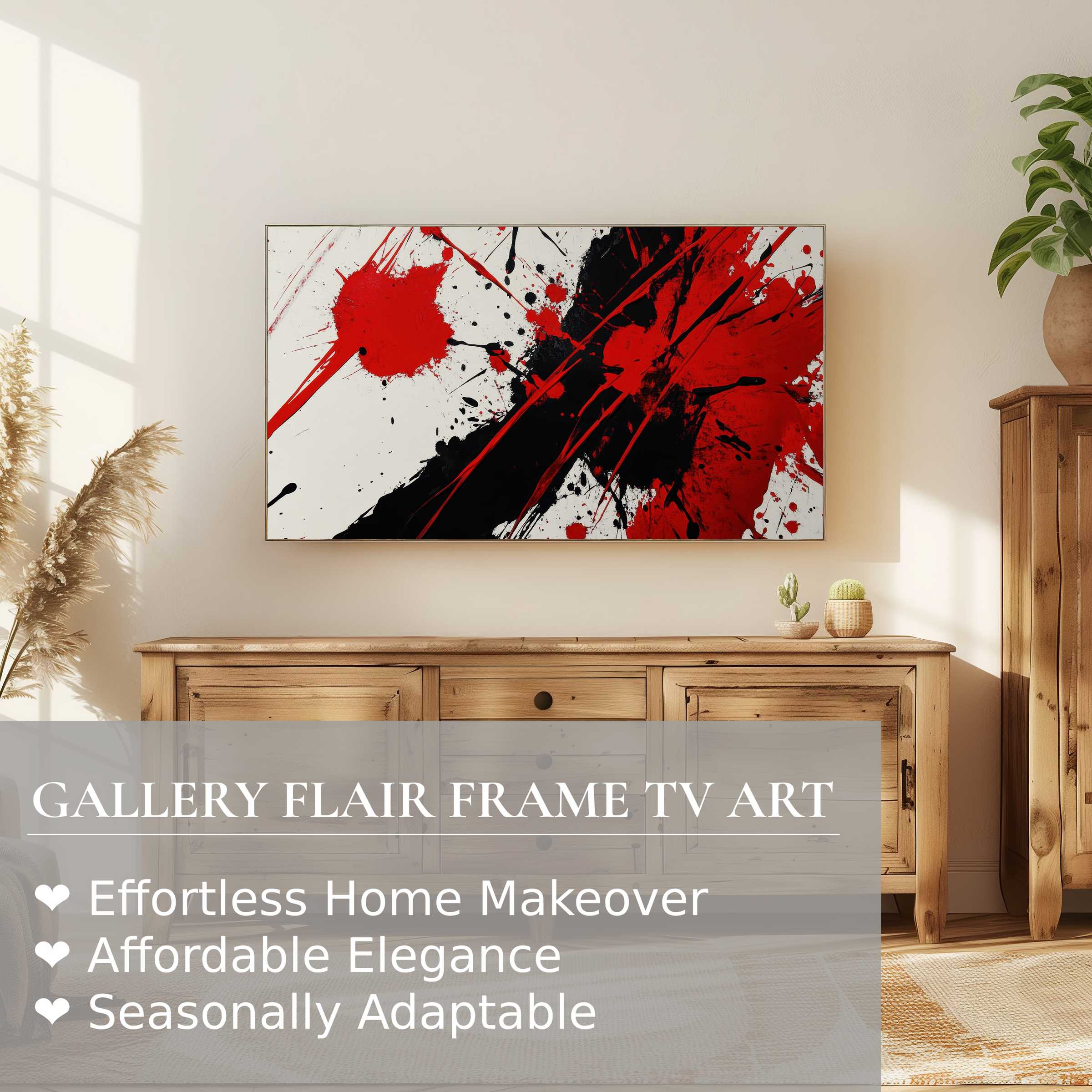 Samsung Frame TV displays bold abstract digital artwork with striking red and black splashes in a minimalist setting