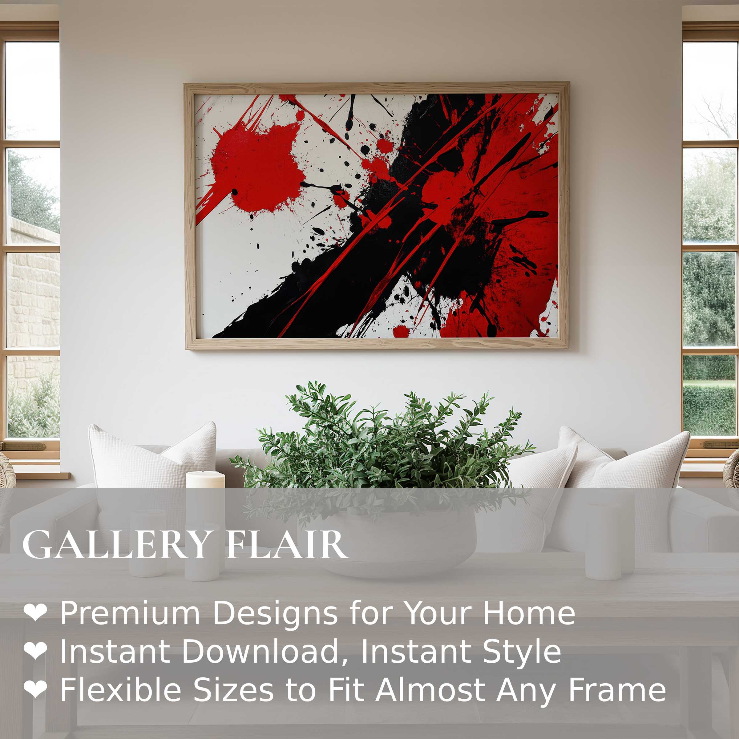 Bold abstract wall art print featuring dynamic red and black splashes, energizing a modern minimalist living room with vibrant, edgy appeal