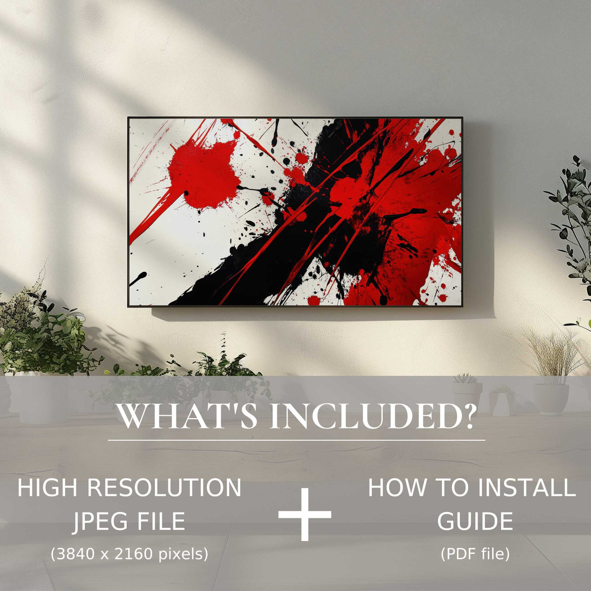 Modern living space featuring an abstract digital TV art download with easy use to elevate your decor