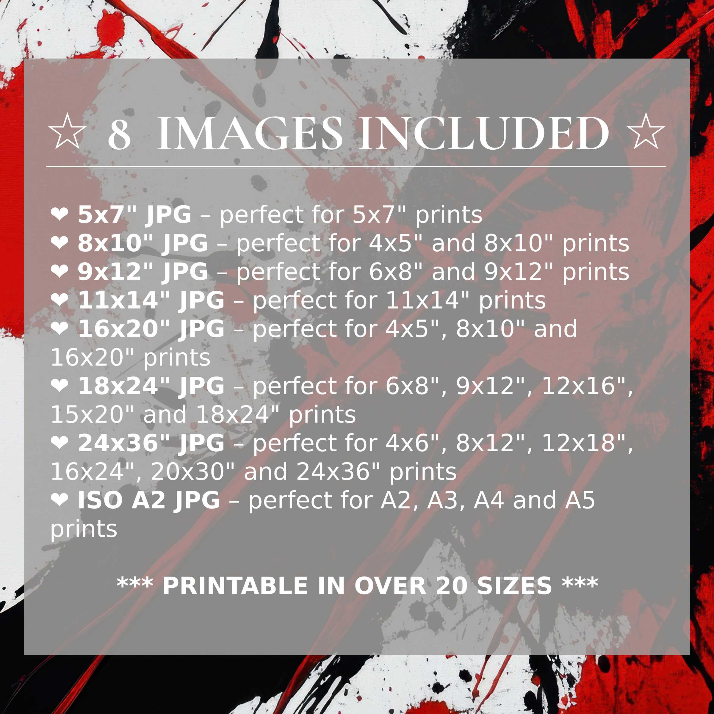 Bold and radiant abstract digital print in vivid red, black, and white, available in 8 high-quality sizes included-perfect for elevating modern interiors with versatile style