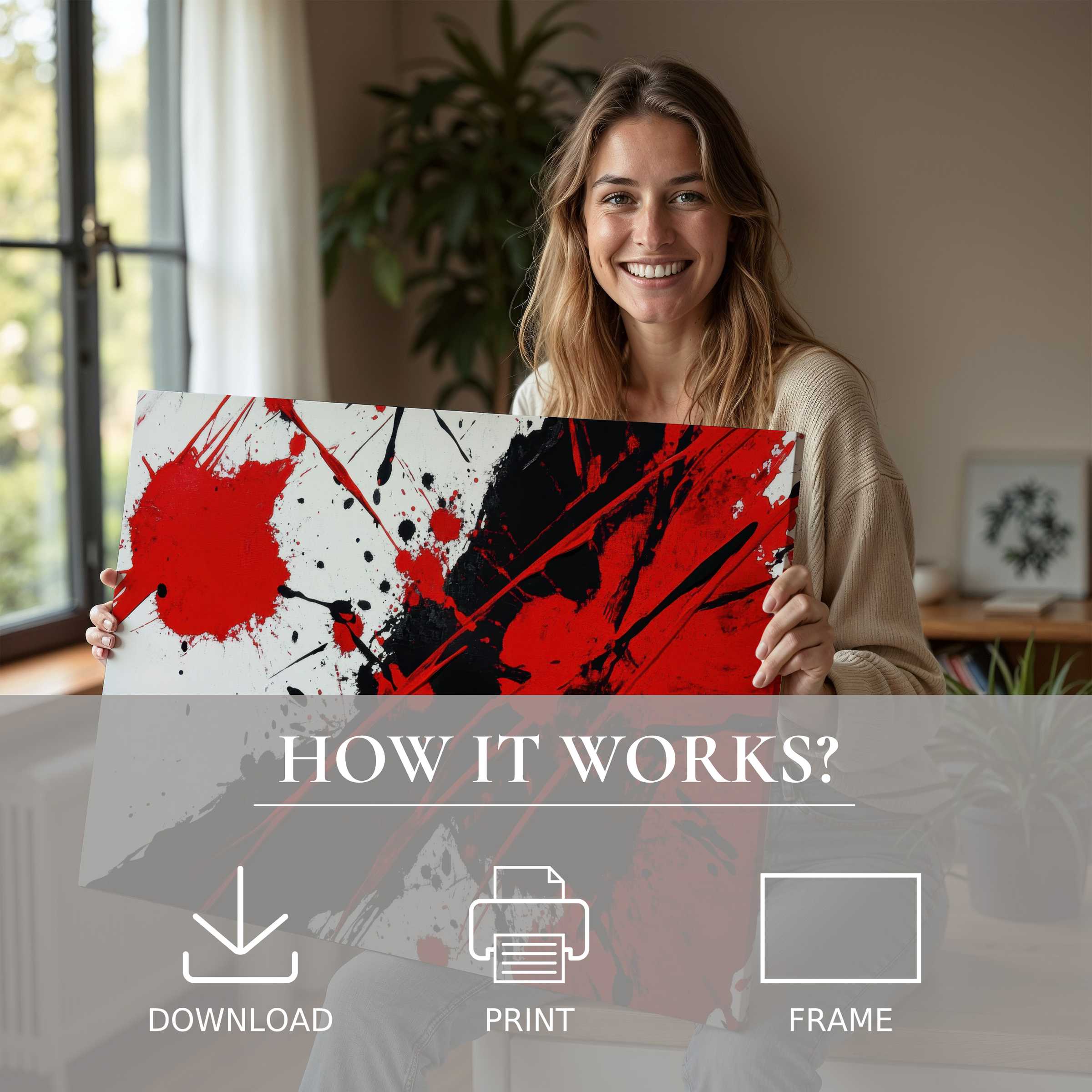 Radiant abstract digital art print sparks joy and connection in a modern home, blending effortless style with vibrant energy