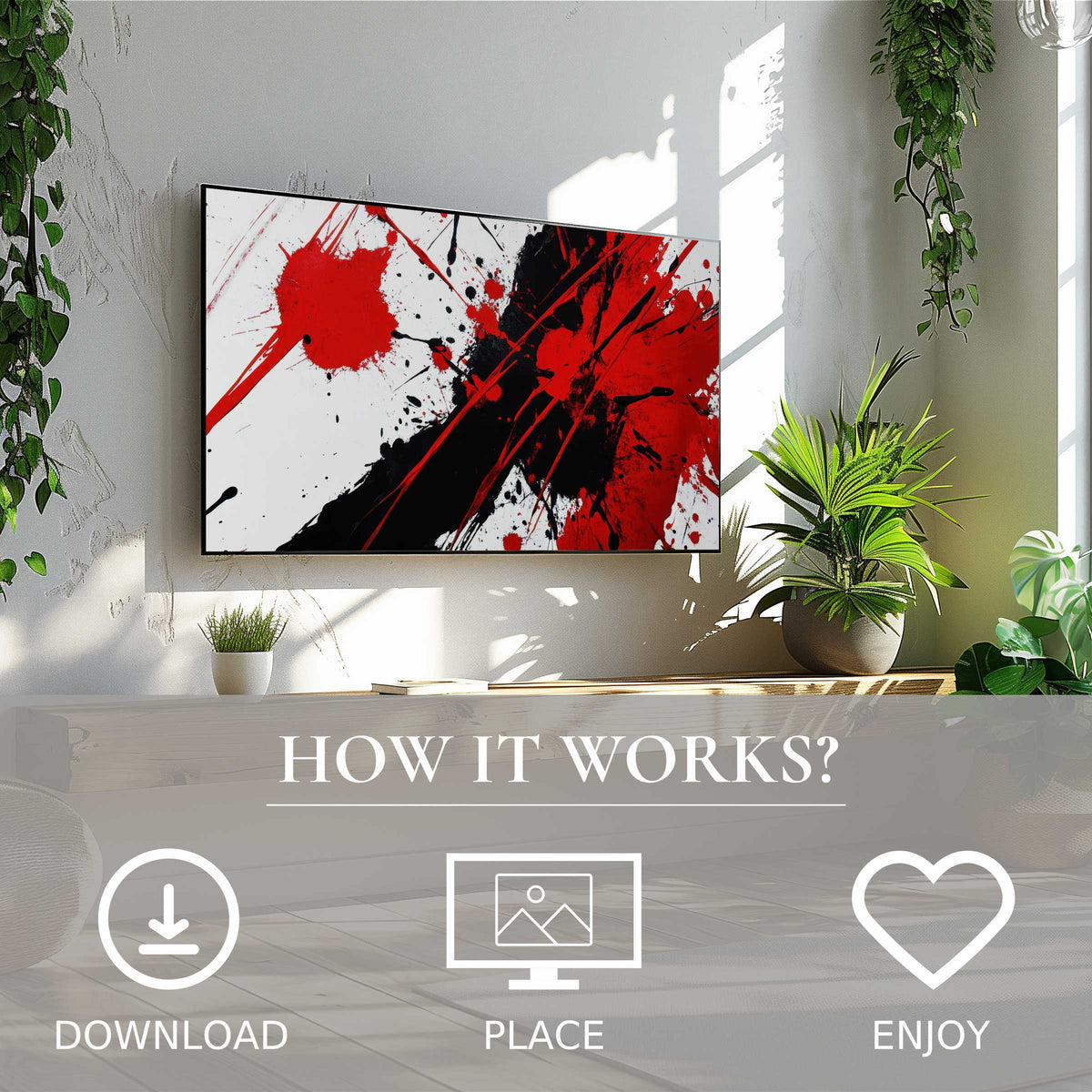 Abstract art for Samsung TV features bold red and black splashes, easily downloaded to enrich your modern living space