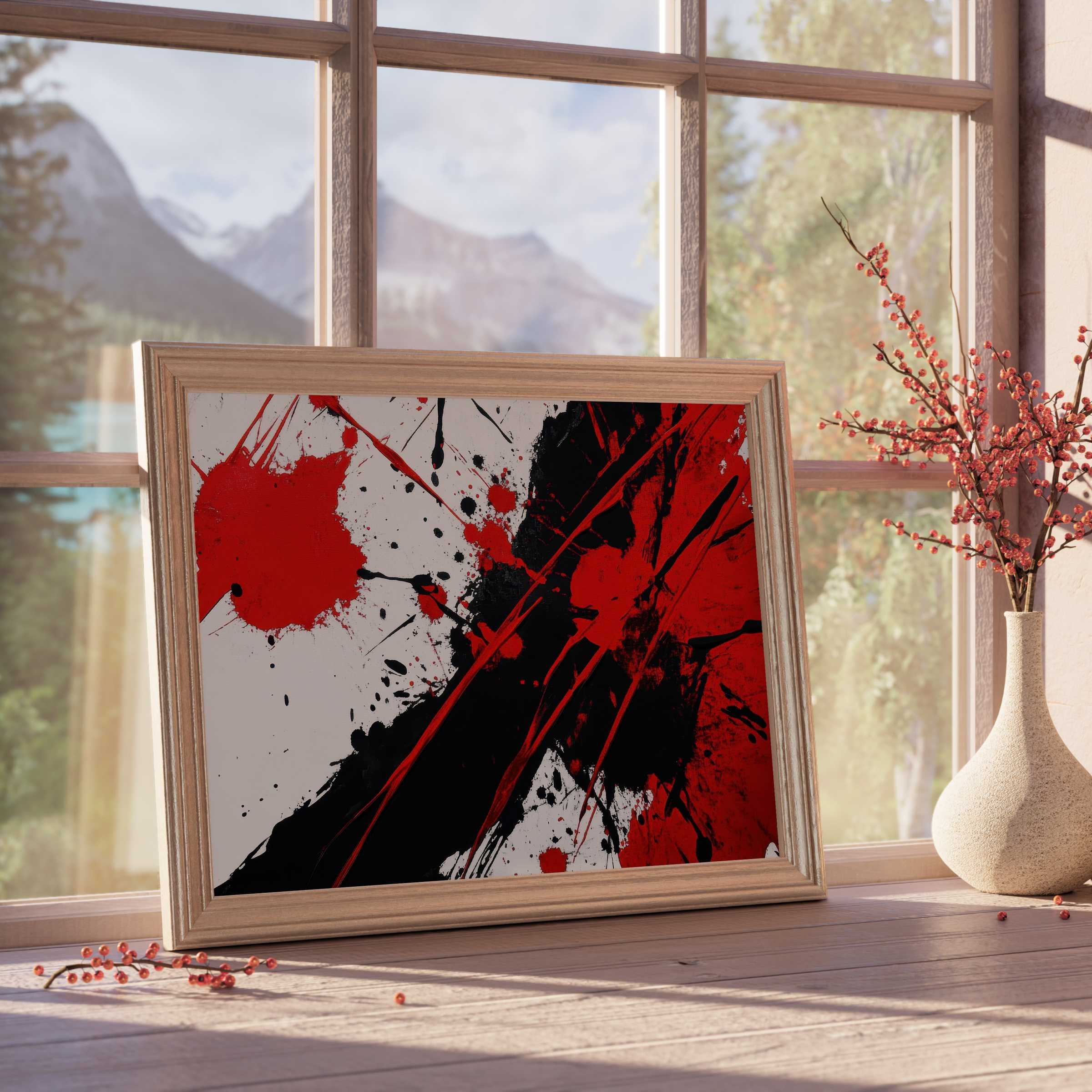 Bold abstract downloadable art marrying fire-red and deep black splashes, elevating curated spaces with vibrant, dynamic energy and modern flair