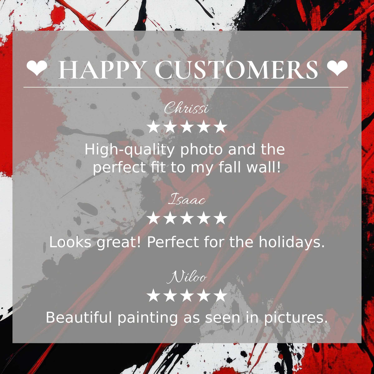 Abstract art for Frame TV with bold red, black, and white strokes; layout builds trust with happy customer reviews