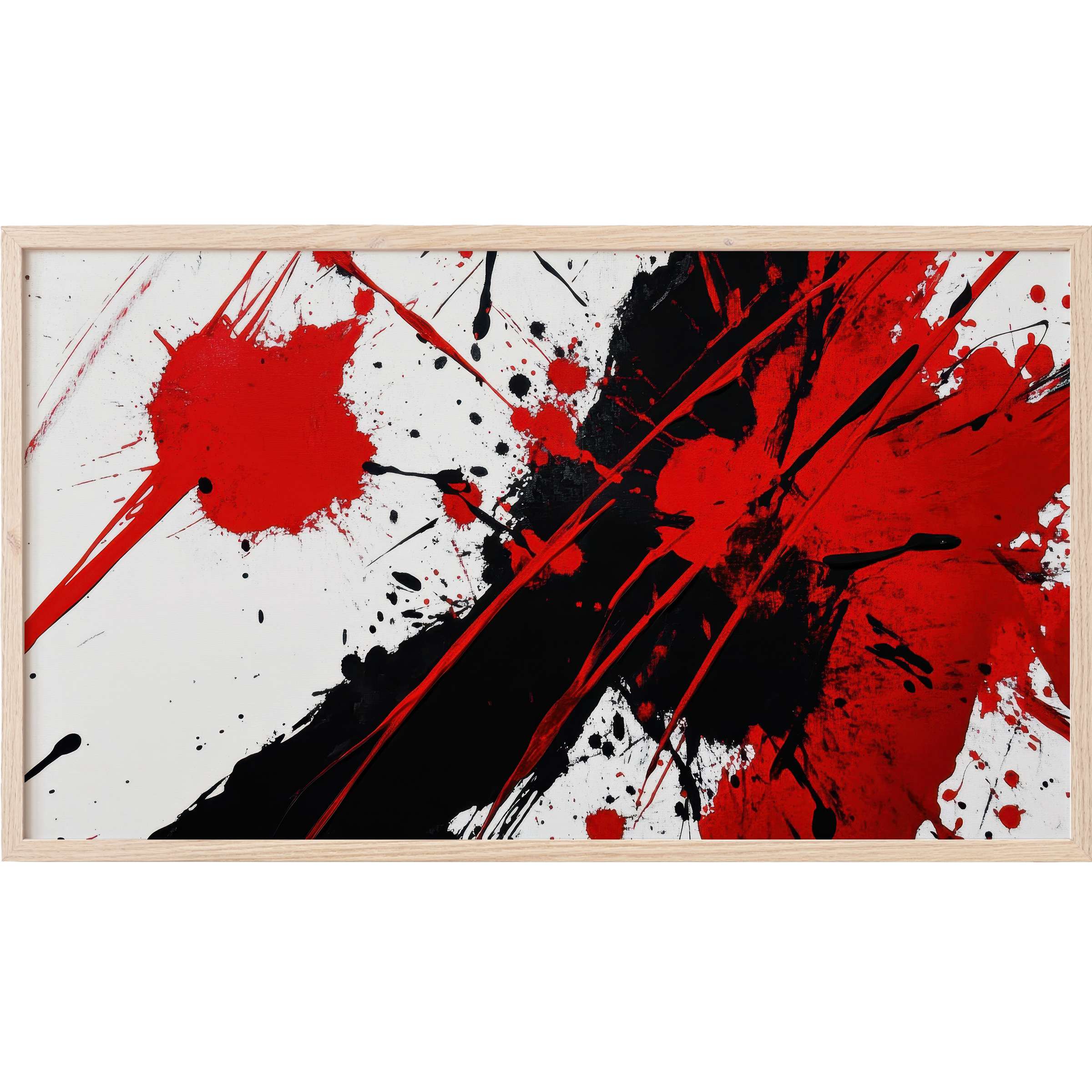 Dynamic red and black splatters on white canvas with bold strokes, an intense abstract Frame TV Art piece