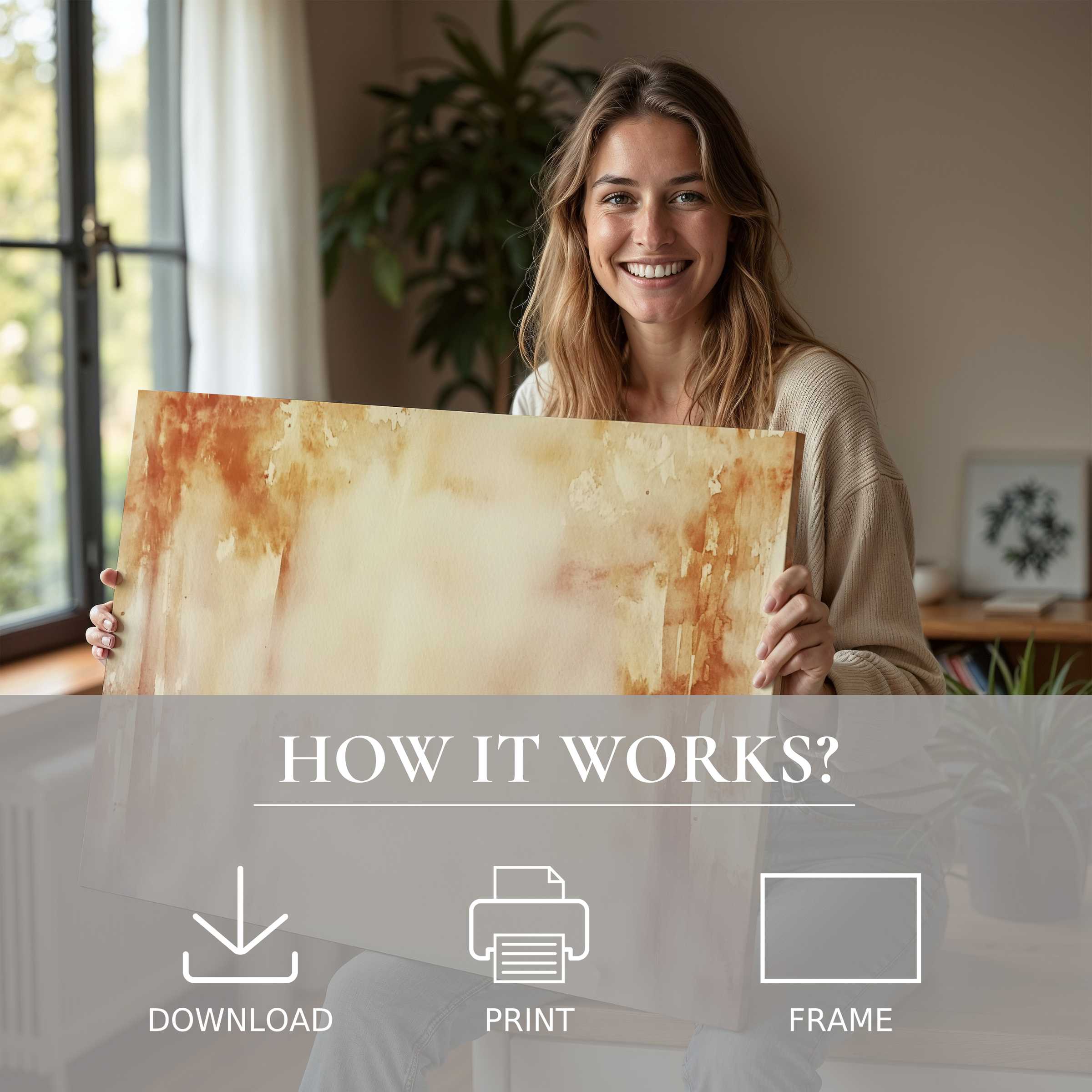 A joyful moment in a sunlit modern home, embracing the warmth of a fall digital art print that transforms space