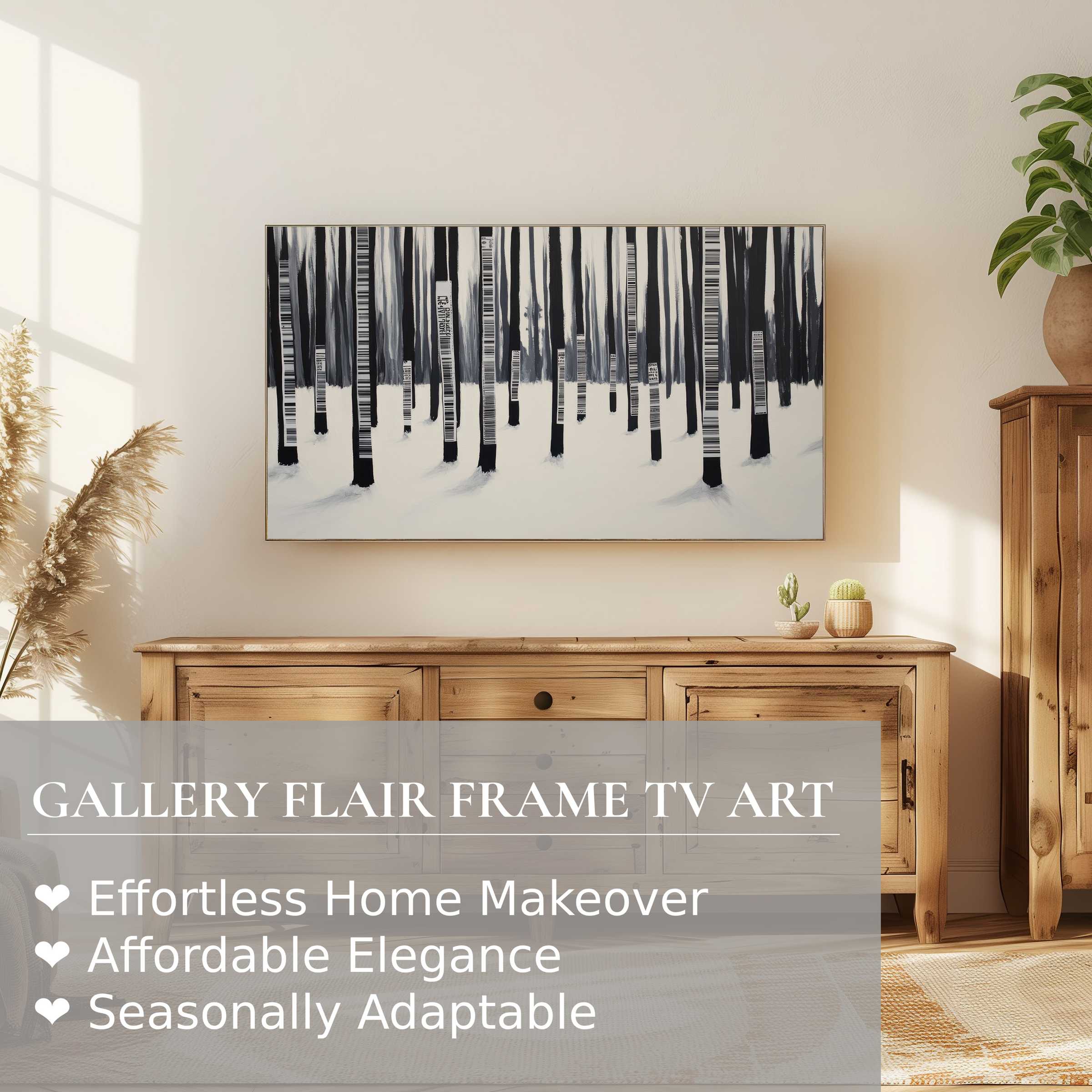 Samsung Frame TV showcases minimalistic street art digital artwork of stylized monochrome trees in a serene modern setting