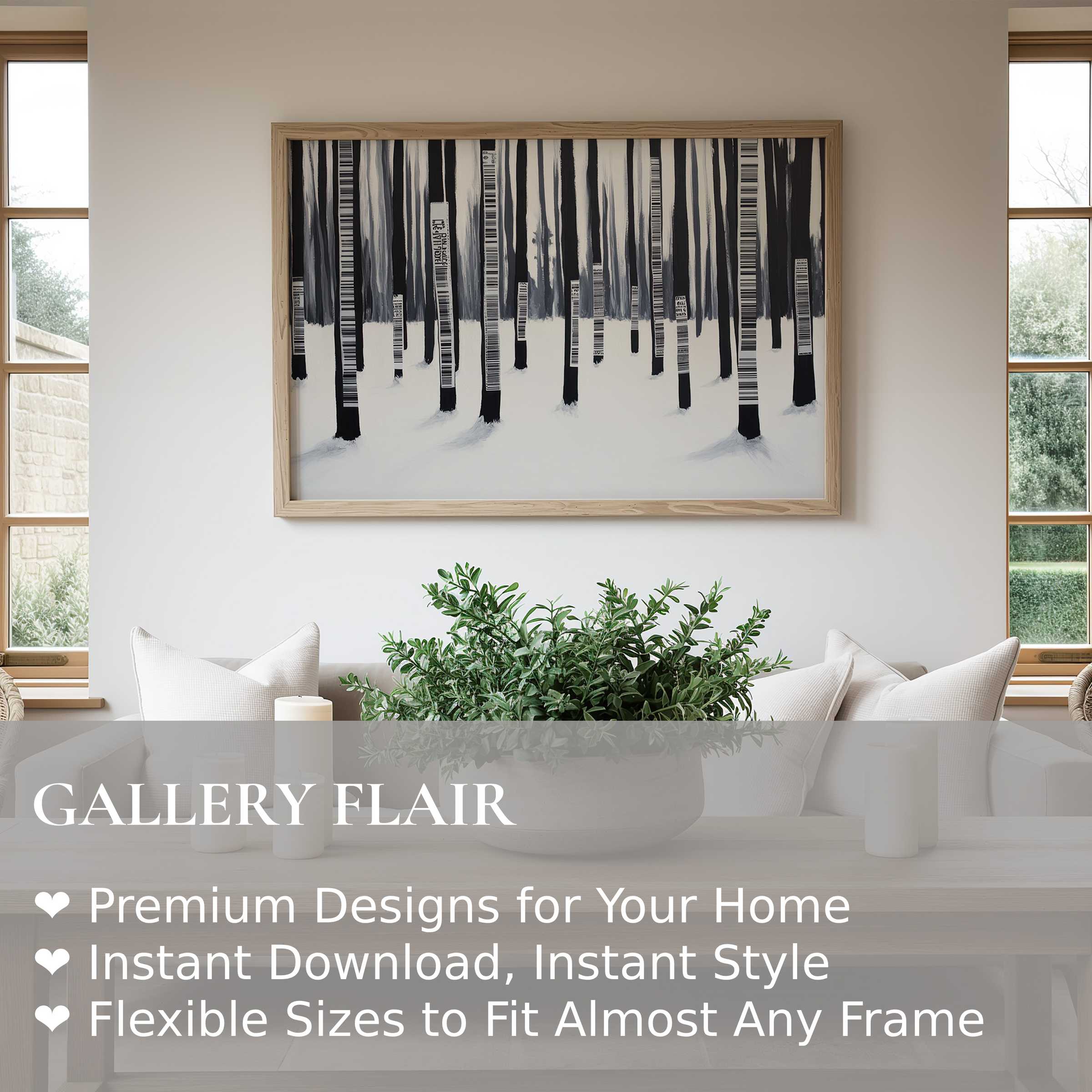 Monochrome street art wall art print with abstract barcode birch trees, adding bold, modern contrast to a serene, minimalist interior