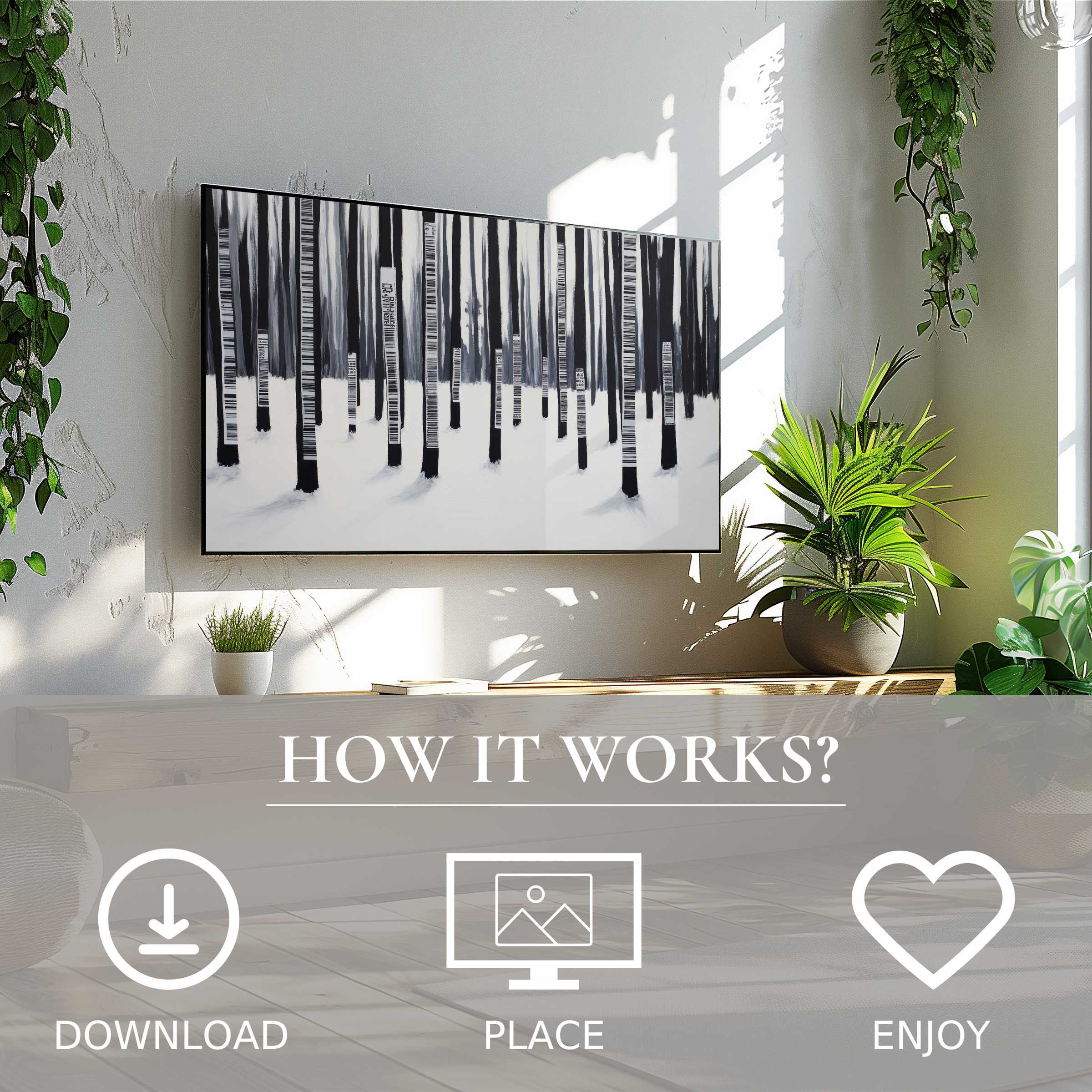 Modern living room with street art for Samsung TV, featuring monochrome barcode trees; easy digital download enriches space