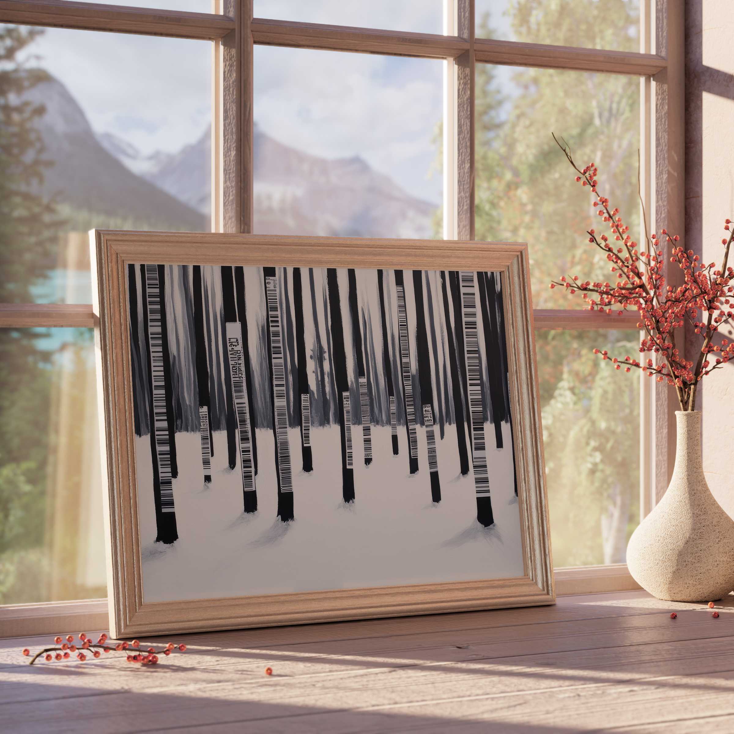 Monochrome street art downloadable art with barcode-inspired forest, elevating minimalist interiors with calm, curated elegance and subtle urban edge