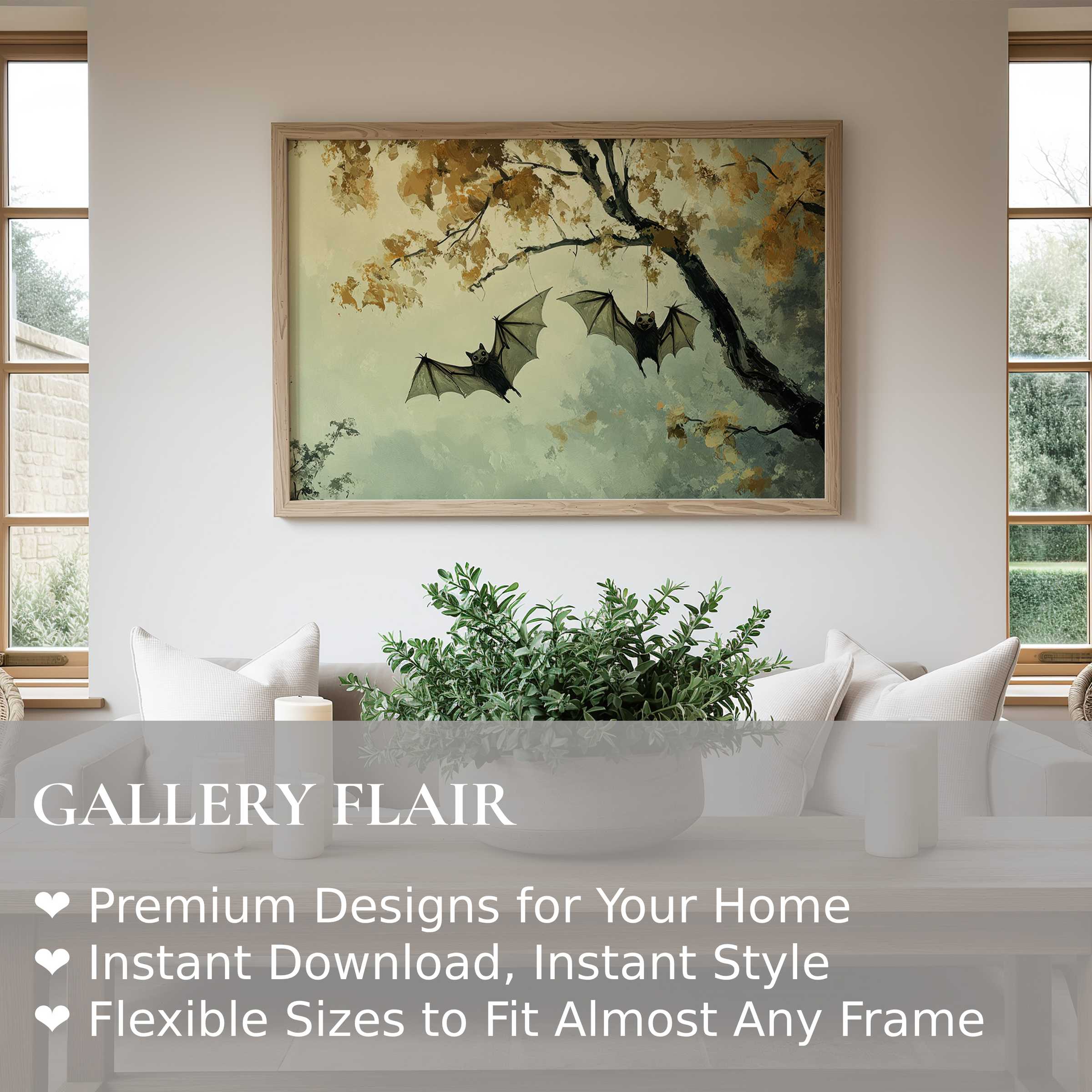 Halloween wall art print with whimsical bats soaring beneath autumn leaves, enhancing a serene modern living room with seasonal charm and subtle warmth