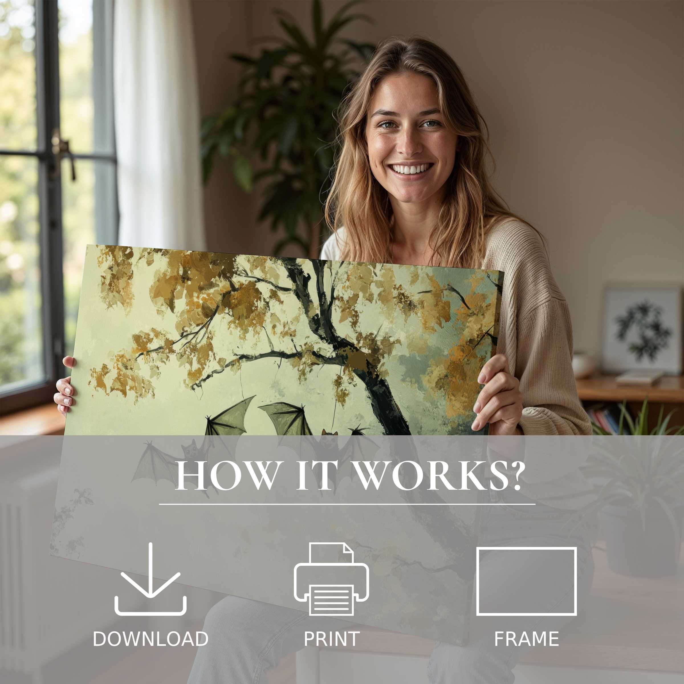 Joyful moment in a modern home reveals the serene allure of Halloween digital art print, blending timeless charm and effortless elegance