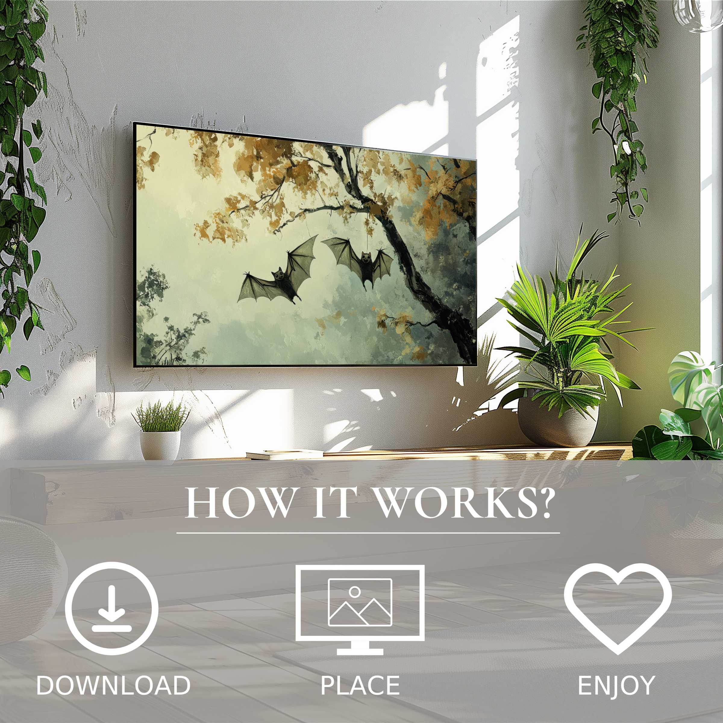 Modern living room with easy digital download; halloween art for Samsung TV shows muted autumn hues and flying bats