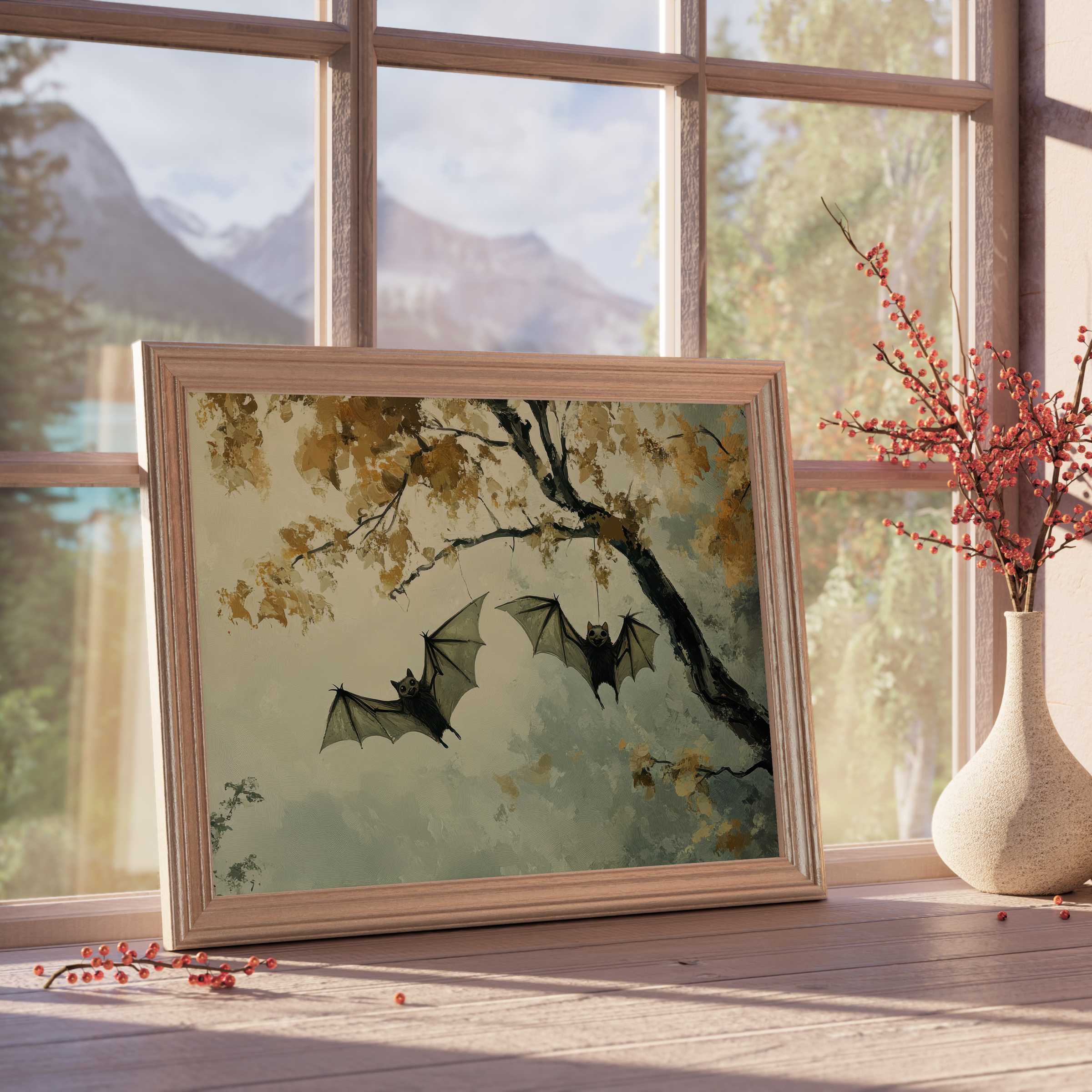 Halloween downloadable art featuring elegant bats amidst muted autumn foliage, enhancing curated, tranquil interiors with warm, sophisticated charm