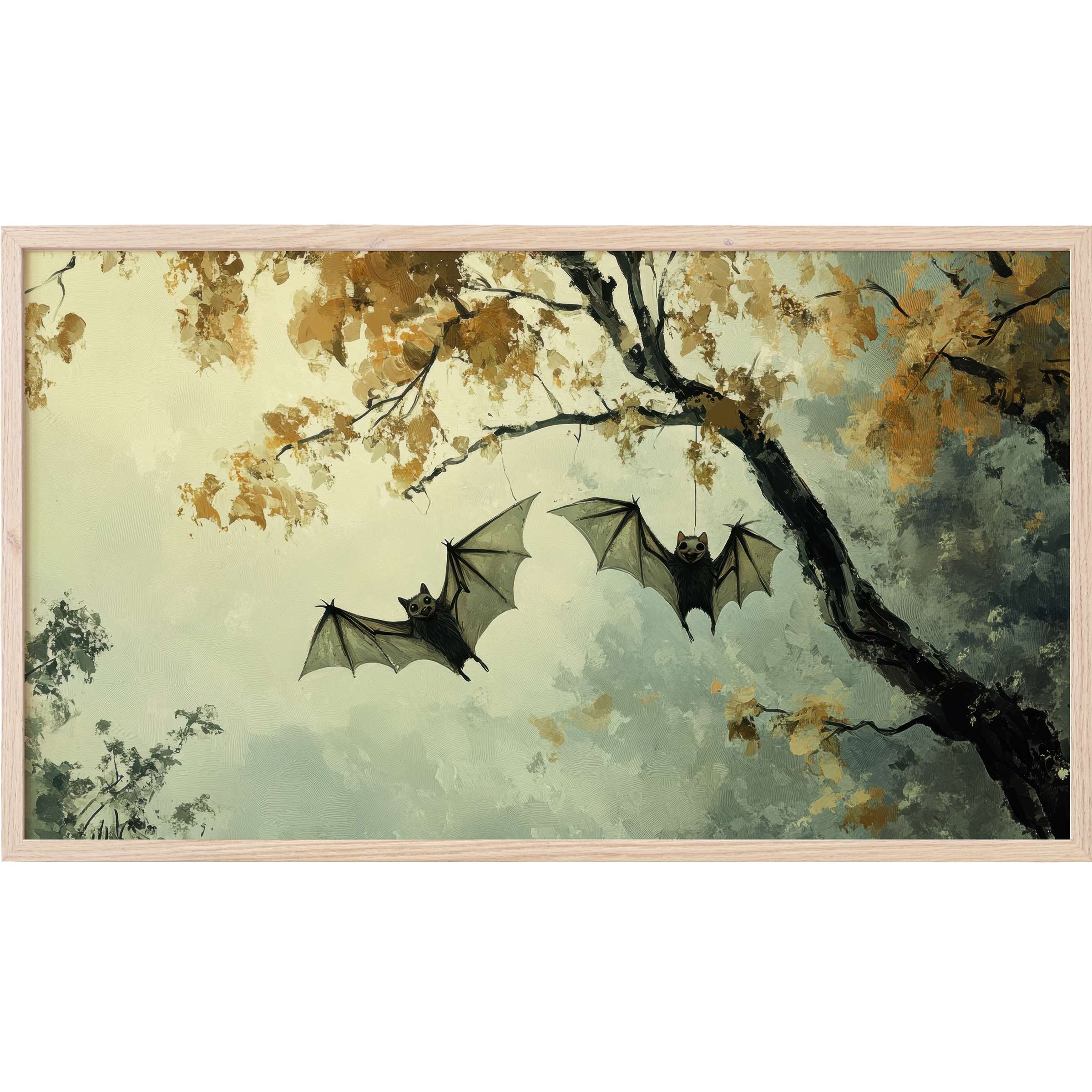 halloween Frame TV Art with muted autumn tones, delicate brushstrokes, and whimsical bats under golden leaves