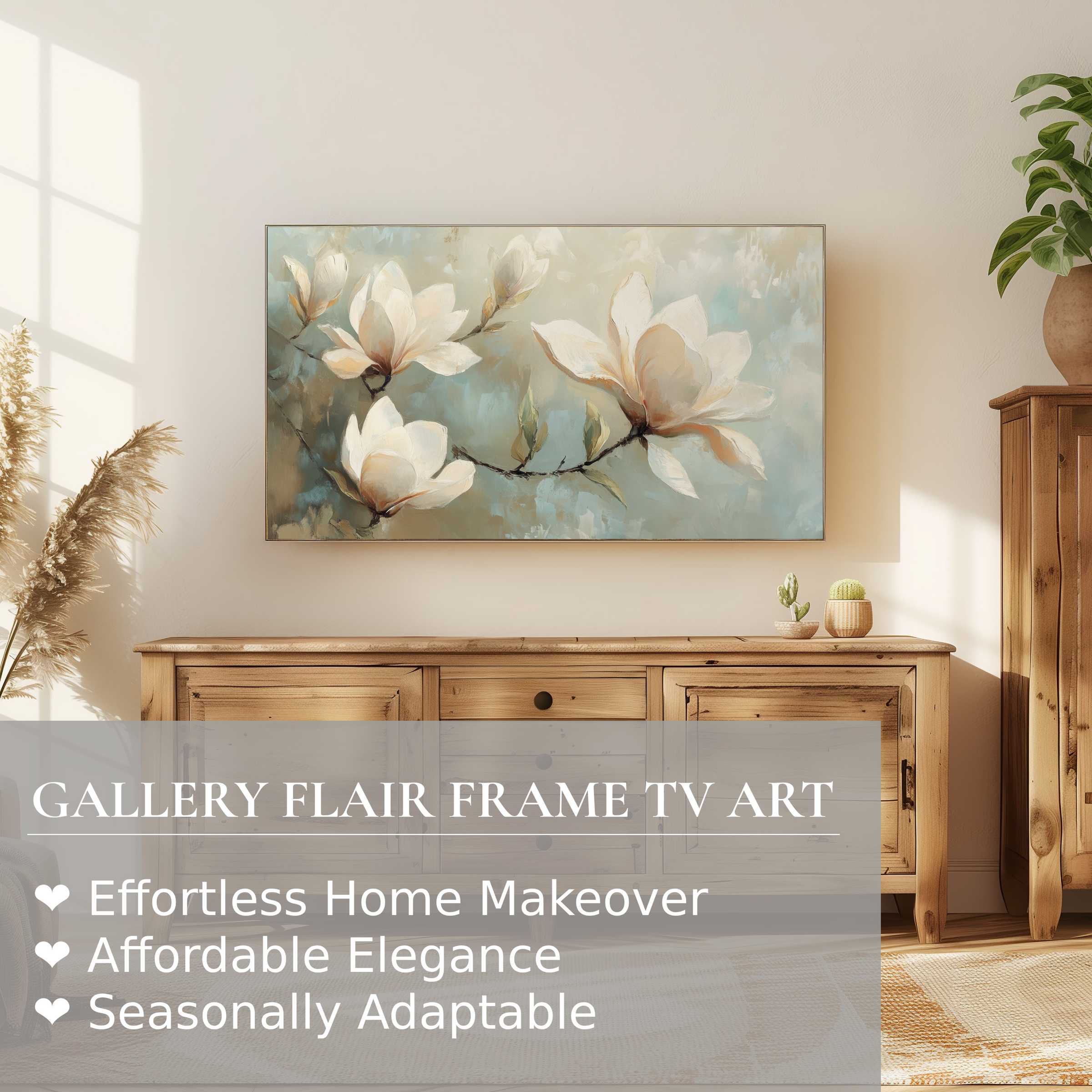Modern living room with Samsung Frame TV displaying elegant tree digital artwork of soft magnolia blossoms