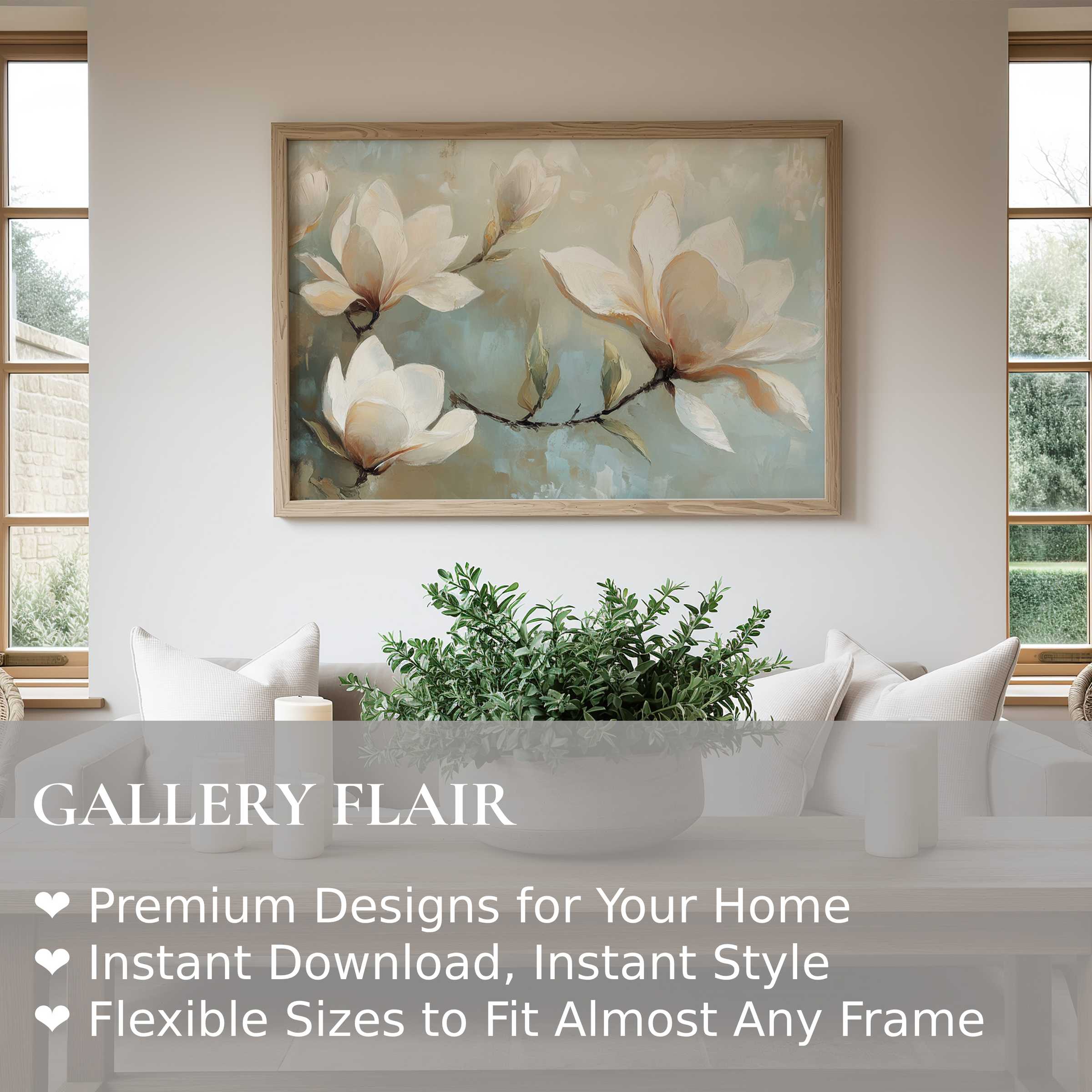 Elegant tree wall art print featuring soft magnolia blossoms in muted tones, enhancing contemporary living spaces with serene botanical charm