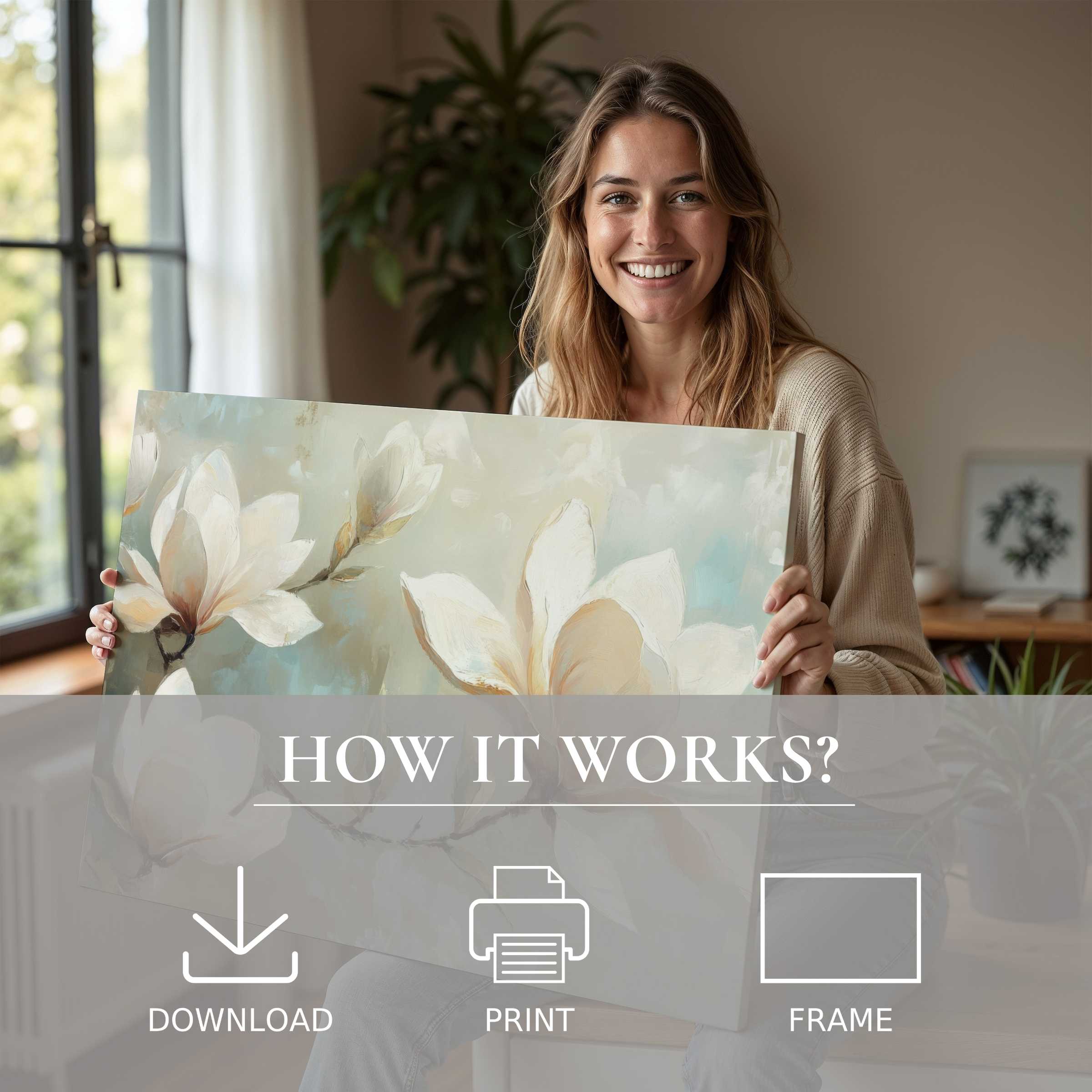 Radiant joy in a modern home as a woman shares a tree digital art print, embracing effortless beauty and connection with art
