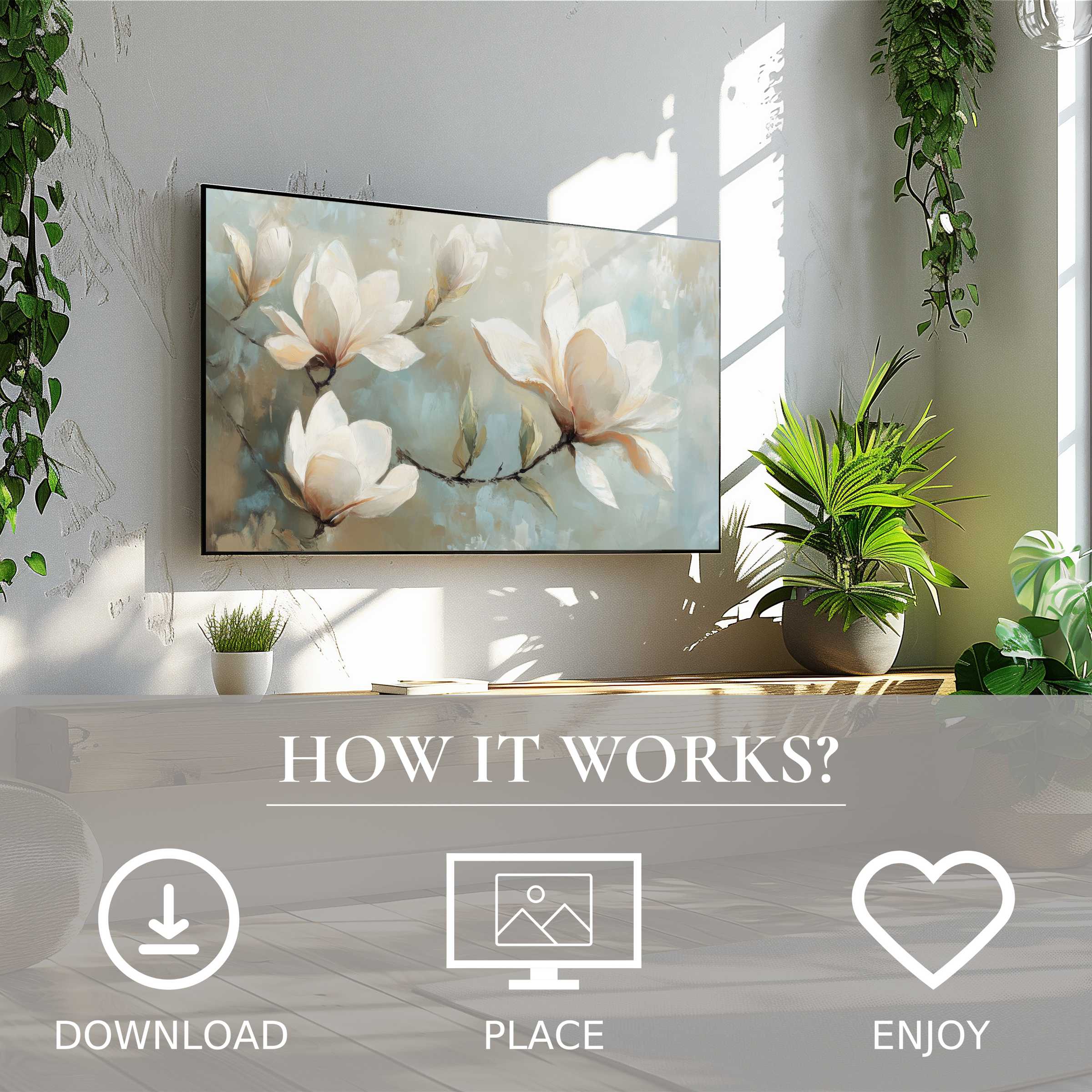 Tree art for Samsung TV showing soft floral tones, easy digital download to enhance modern living spaces with style