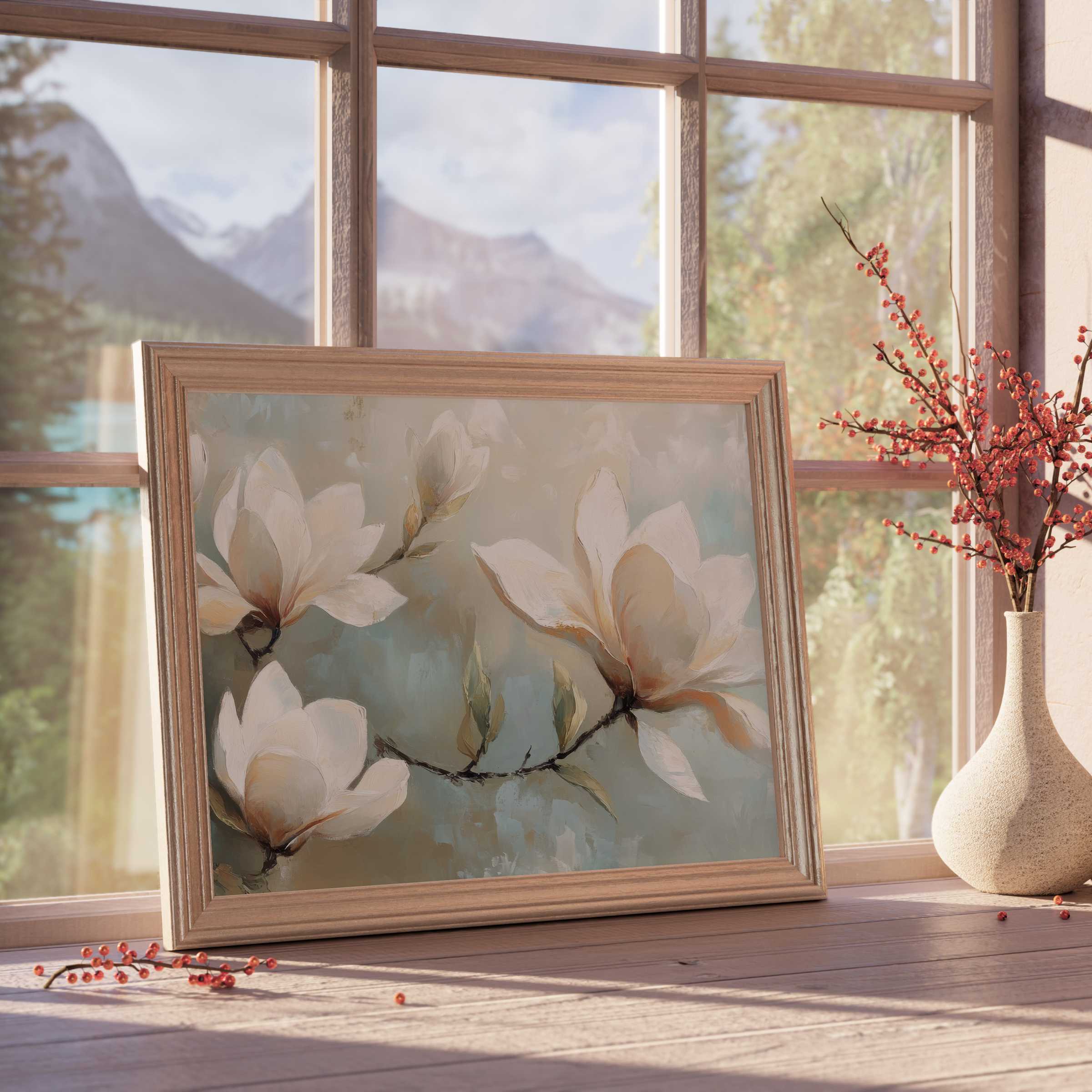 Serene tree downloadable art featuring elegant magnolia blossoms, perfect for enhancing tranquil, curated interiors with subtle natural beauty