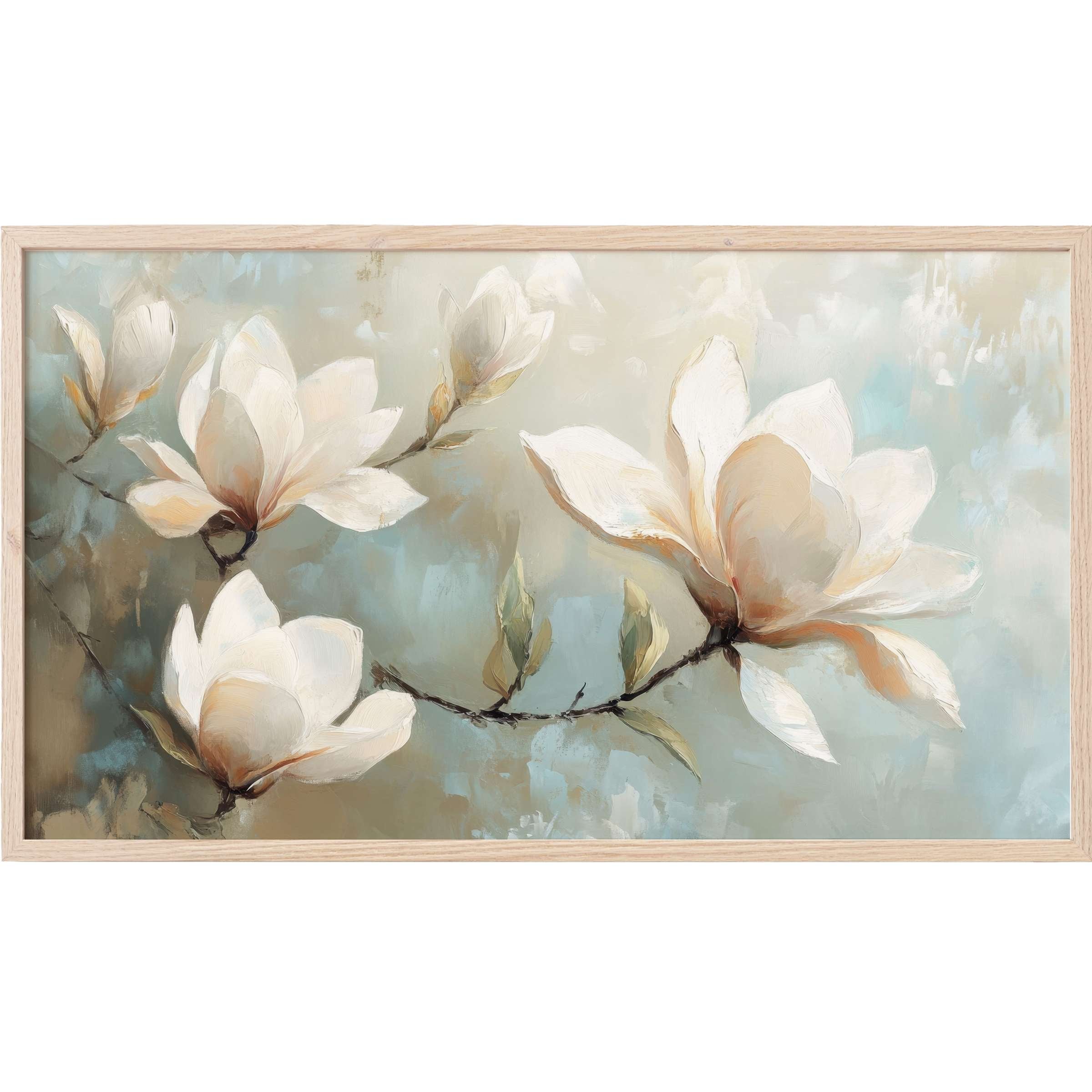 Soft white magnolia blossoms on a muted blue-beige backdrop in elegant tree Frame TV Art style