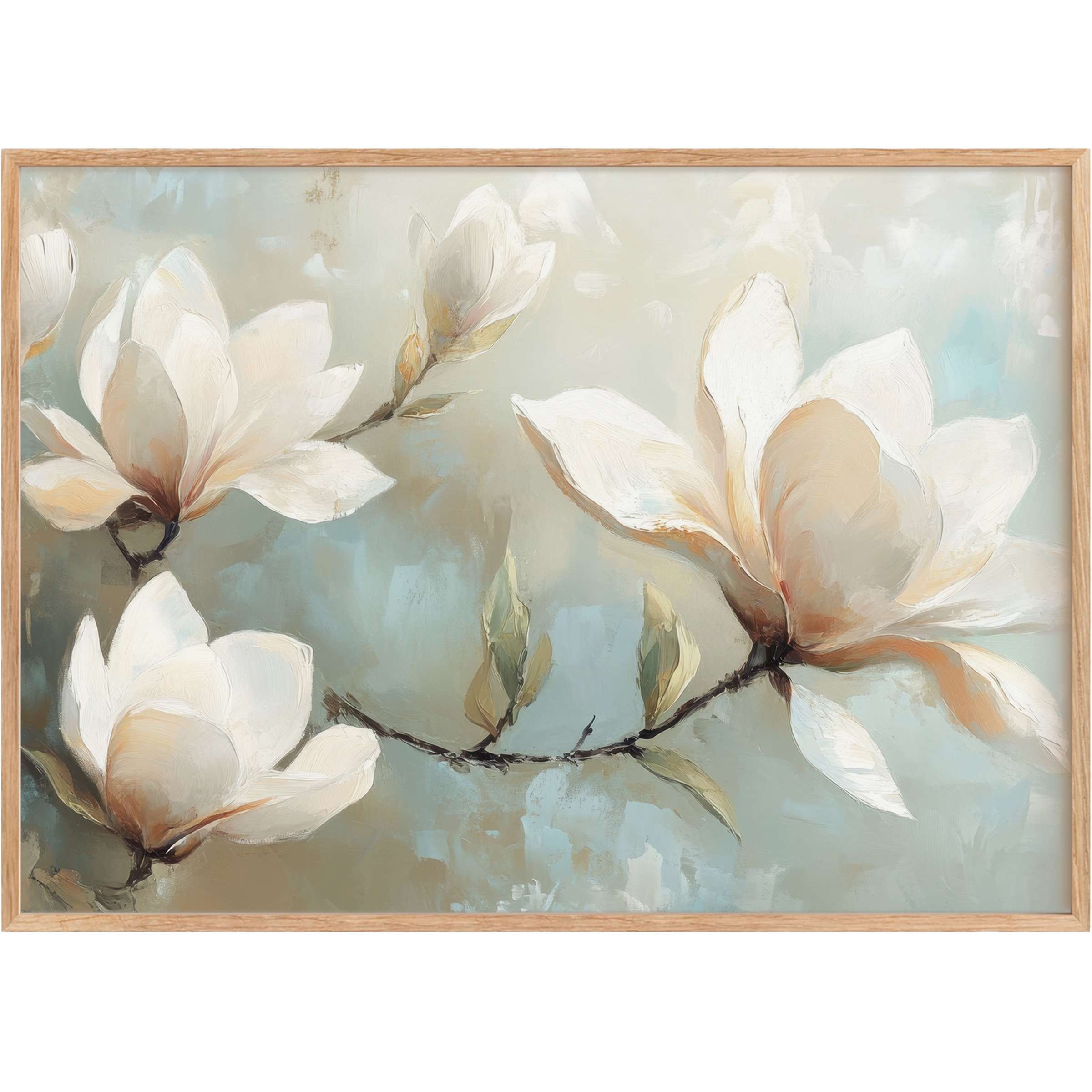 Elegant tree printable wall art featuring soft cream magnolia blossoms against a serene blue-gray backdrop, evoking calm sophistication