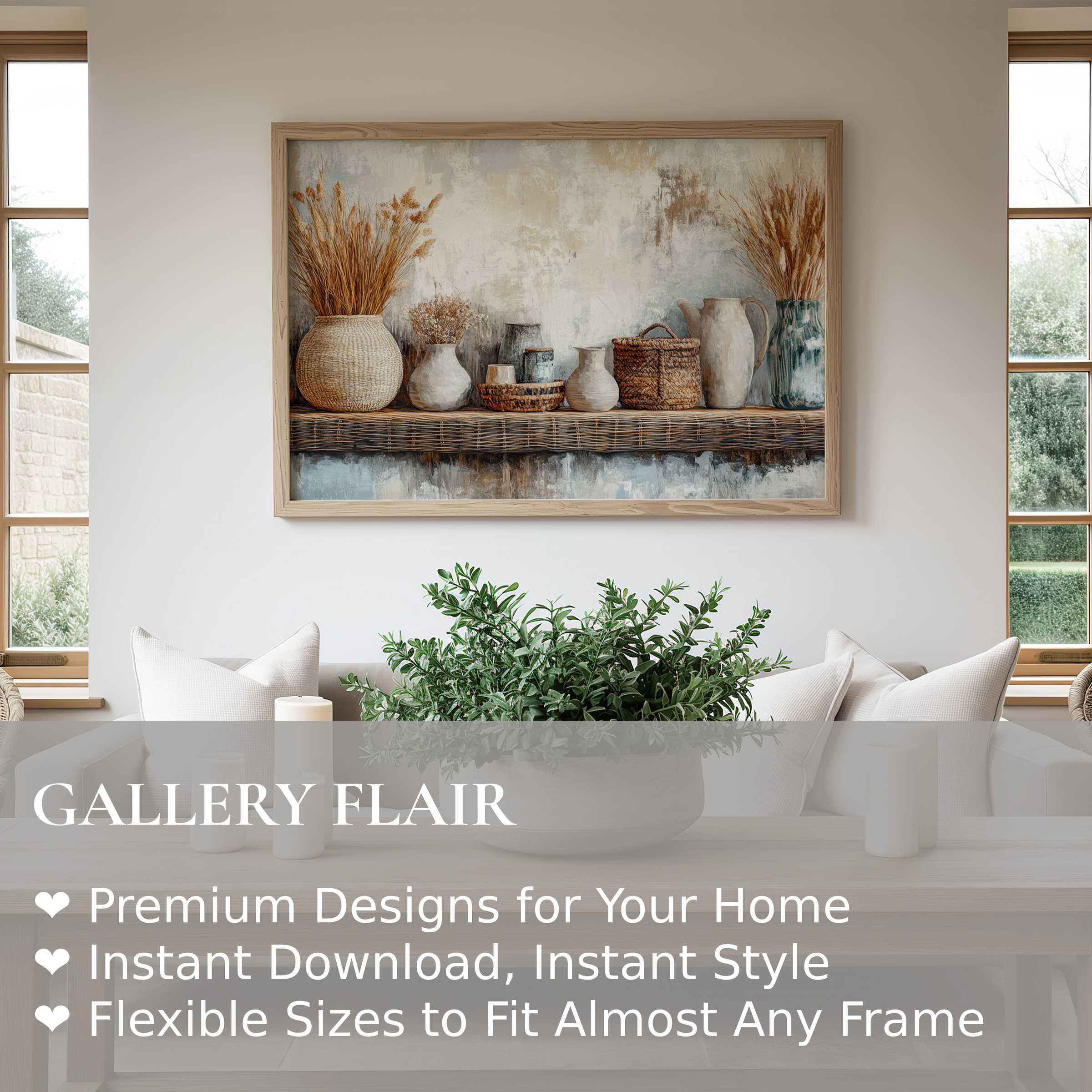 Boho wall art print featuring rustic vases and woven baskets in warm neutrals, enhancing a modern farmhouse living space with calming, natural elegance