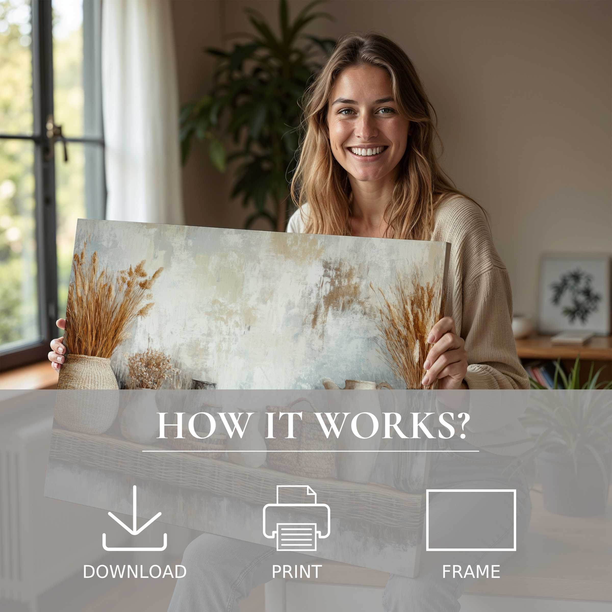 Boho digital art print enriching a serene modern living space, inviting joy and effortless elegance through art