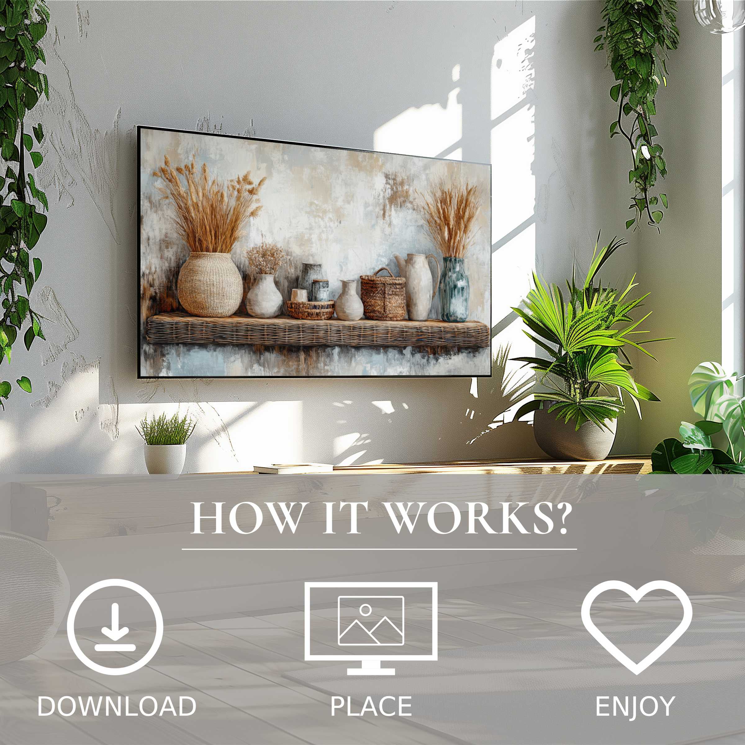 Boho art for Samsung TV featuring warm earthy tones and dried florals; easy digital download enriches modern living spaces