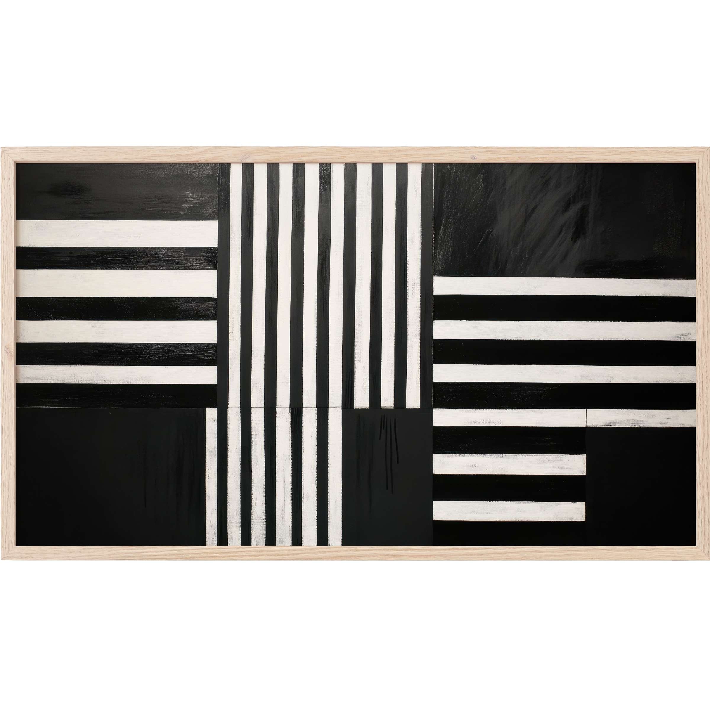 Bold geometric stripes in monochrome compose this sleek, modern black and white Frame TV Art with natural wood frame