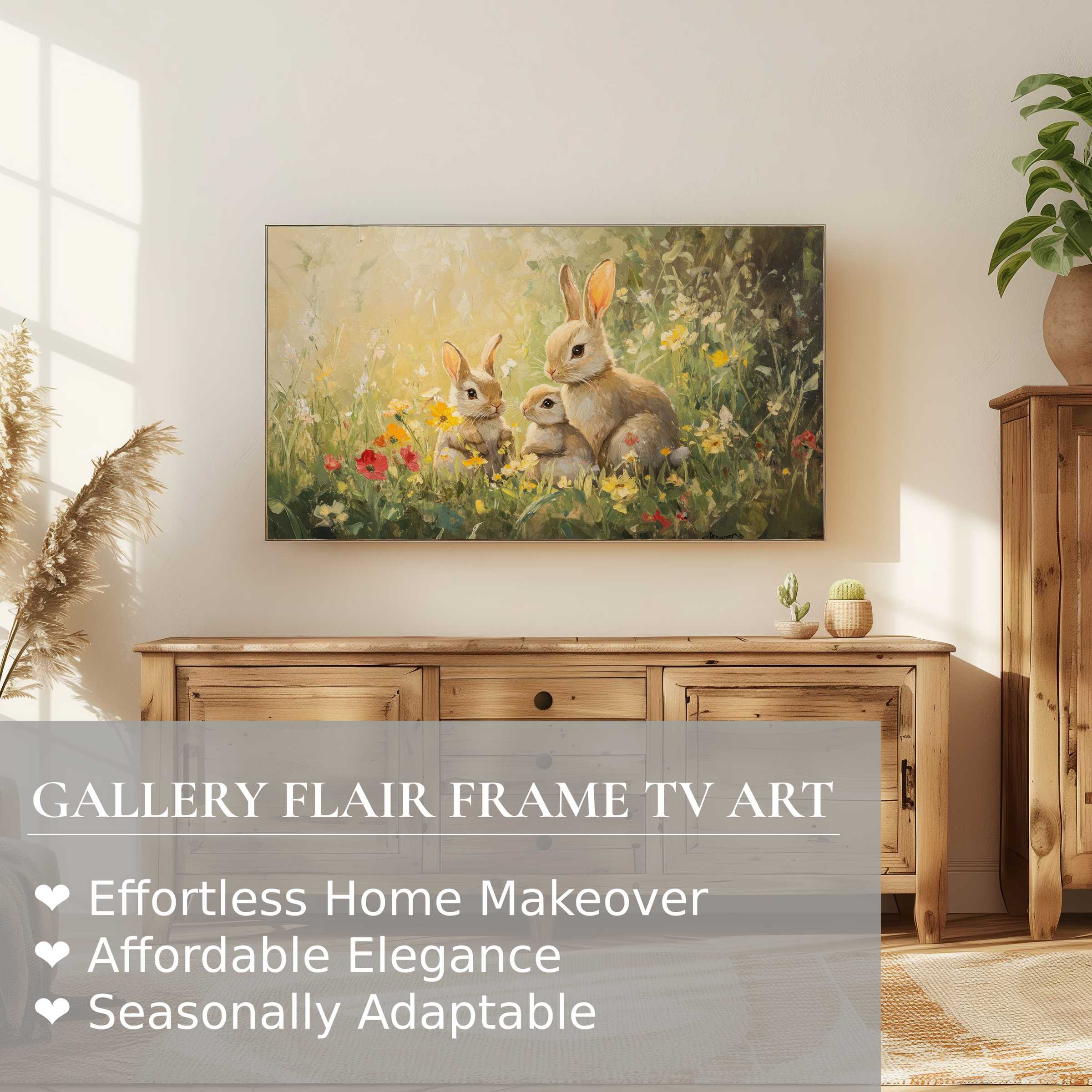 Samsung Frame TV showcasing warm, impressionist easter digital artwork of rabbits, enhancing elegant home decor ambiance