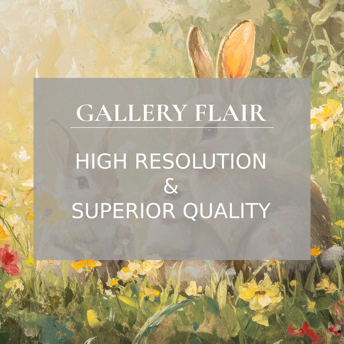 Easter printable art featuring softly detailed rabbits in a radiant spring meadow, elevating sophisticated modern interiors