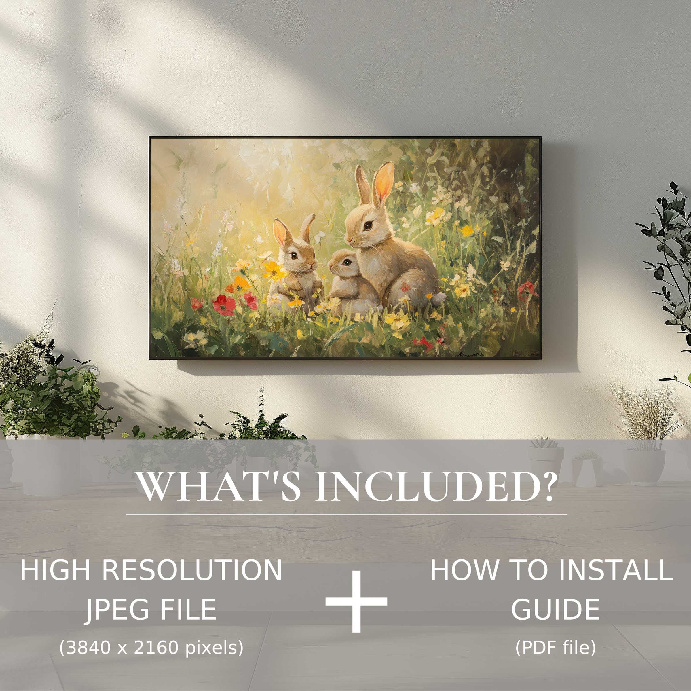 Elegant easter digital TV art download showcasing soft bunnies in a serene floral setting, perfect for easy stylish home decor