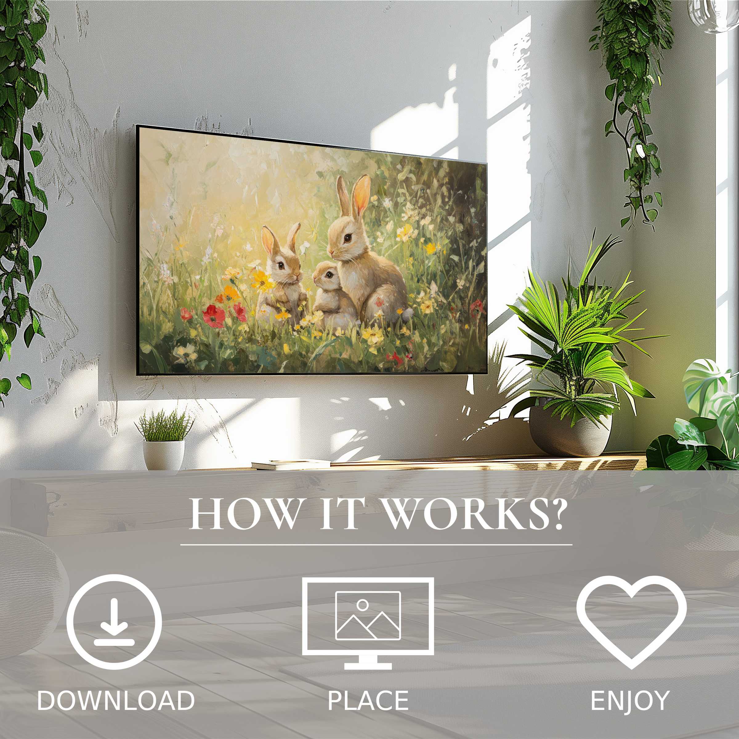 Easter art for Samsung TV shows soft sunset tones with rabbits; easy digital download enriches modern living spaces