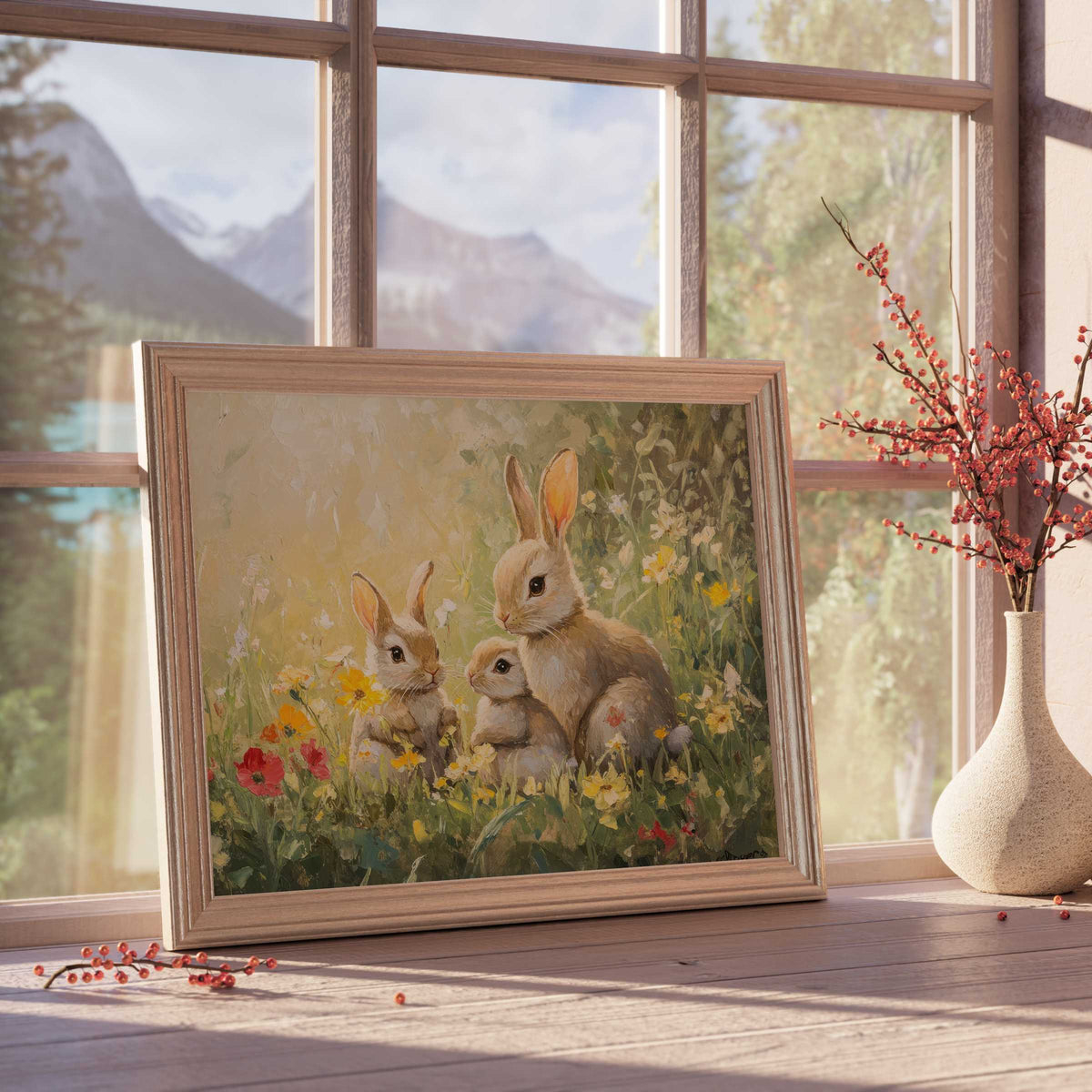 Easter downloadable art featuring tender bunny family in blooming meadow, elevating serene, curated interiors with soft natural light
